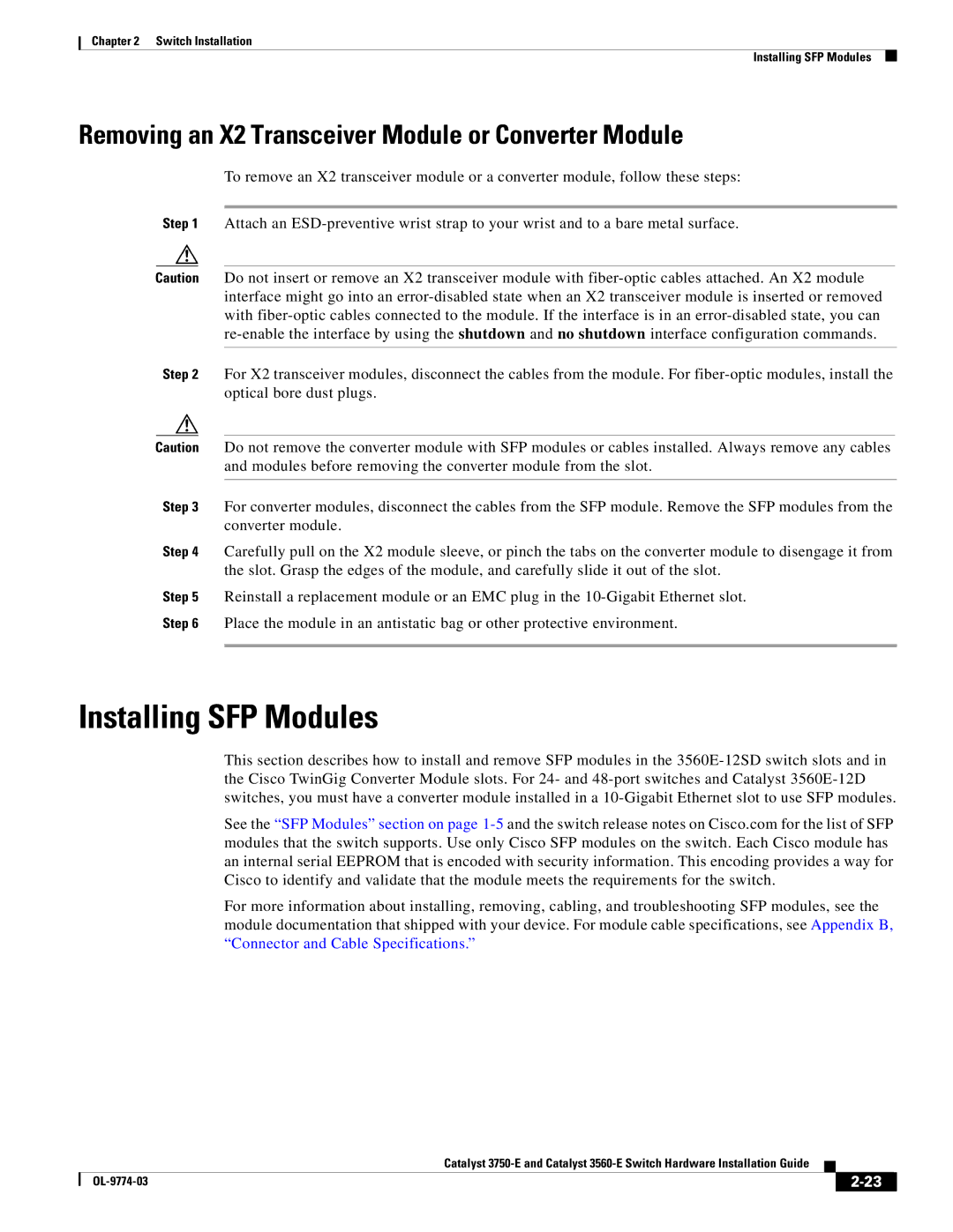 Cisco Systems 3750-E, 3560-E manual Installing SFP Modules, Removing an X2 Transceiver Module or Converter Module 