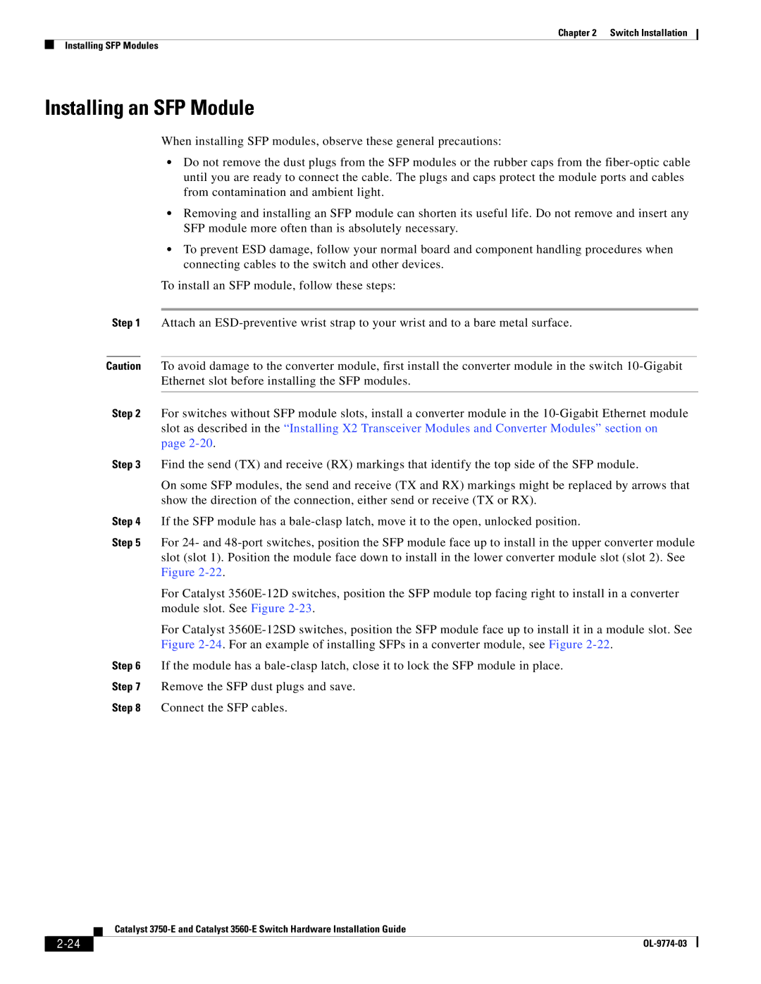 Cisco Systems 3560-E, 3750-E manual Installing an SFP Module 