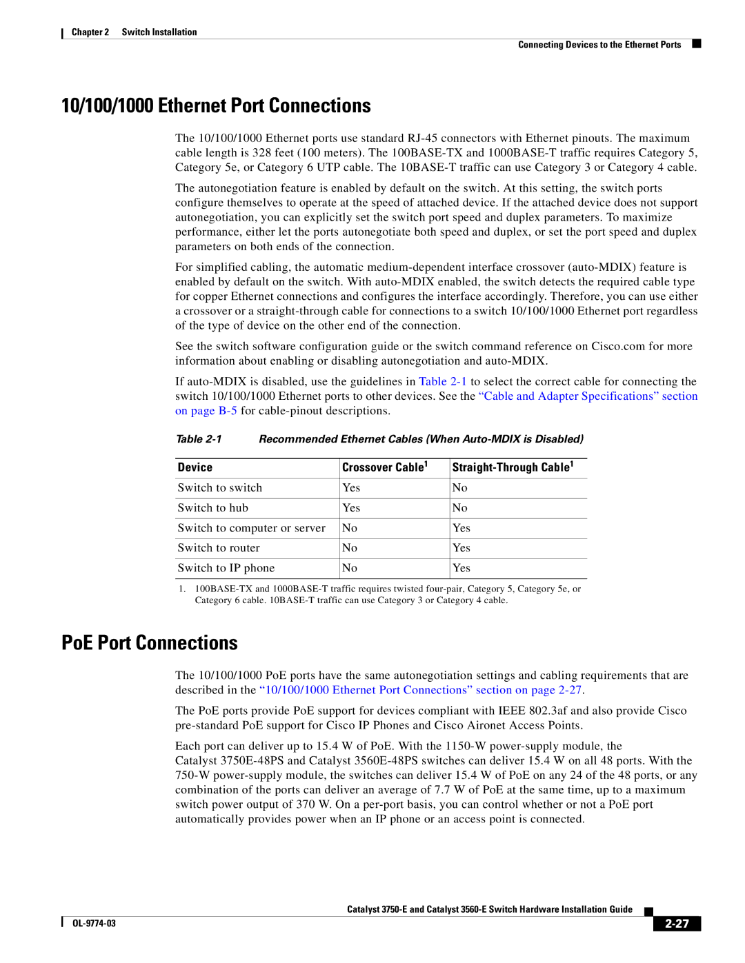 Cisco Systems 3750-E, 3560-E manual 10/100/1000 Ethernet Port Connections, PoE Port Connections, Device Crossover Cable 