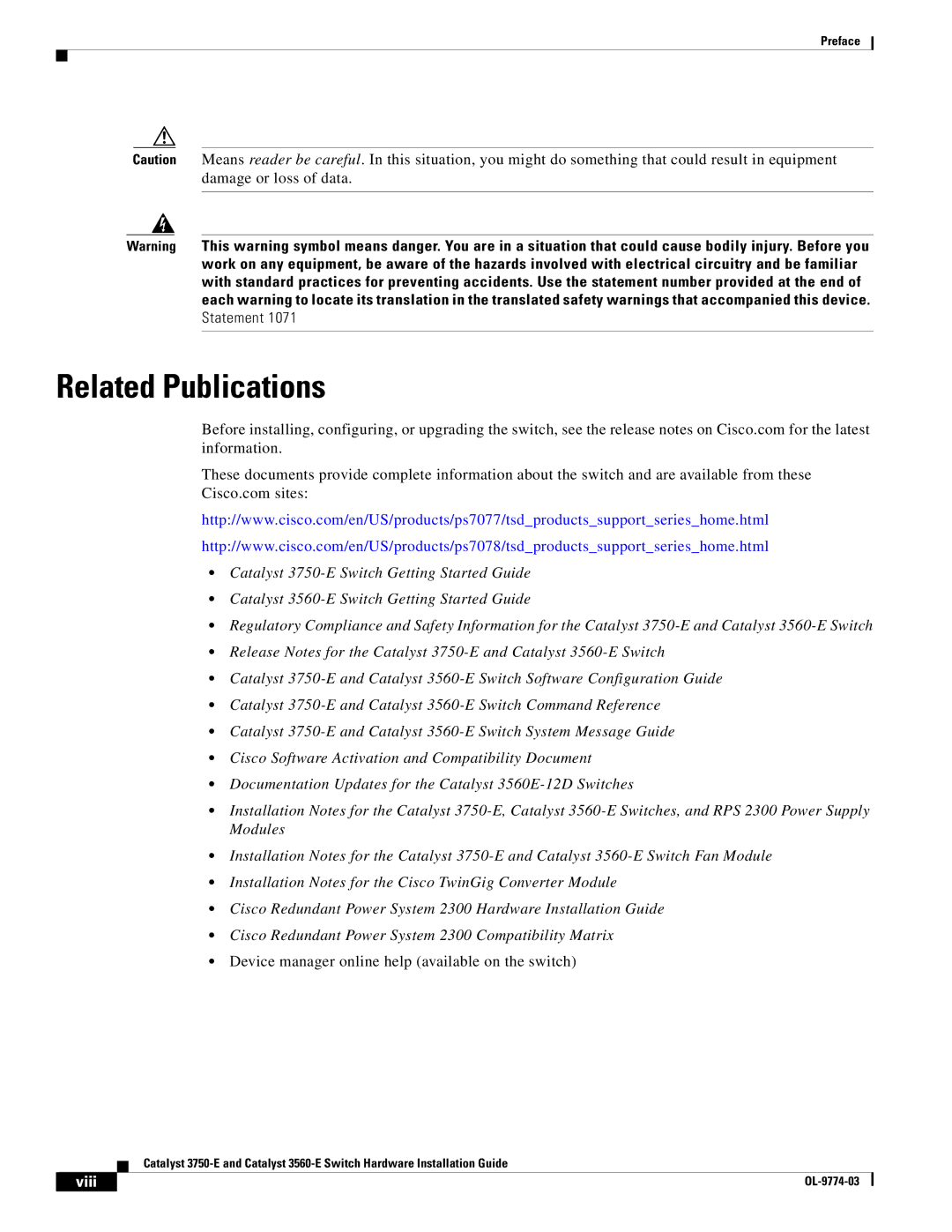 Cisco Systems 3560-E, 3750-E manual Related Publications, Viii 