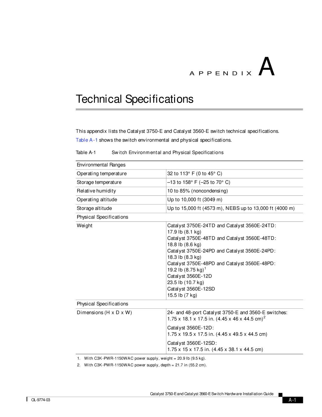 Cisco Systems 3750-E, 3560-E manual Environmental Ranges, Physical Specifications 