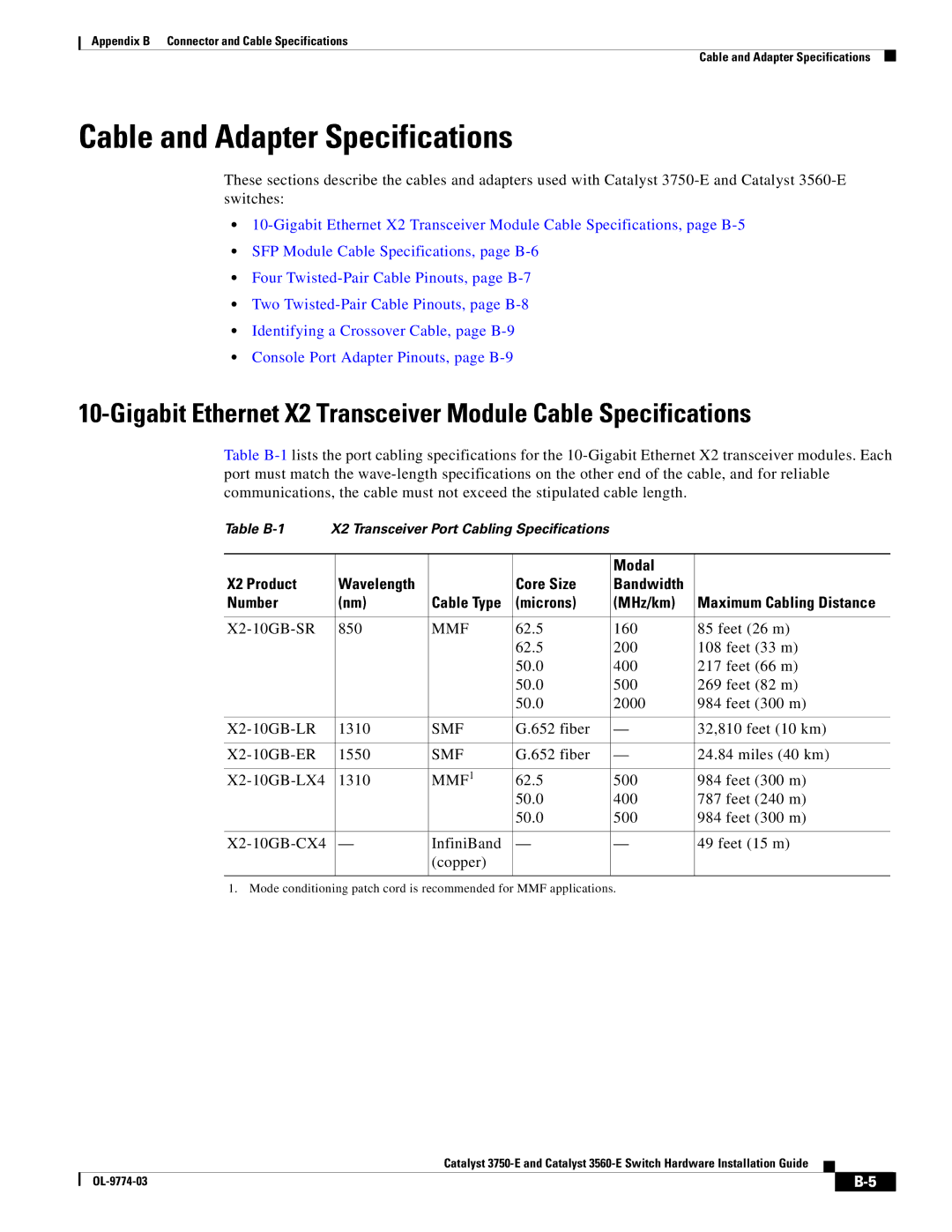 Cisco Systems 3750-E, 3560-E Cable and Adapter Specifications, Gigabit Ethernet X2 Transceiver Module Cable Specifications 