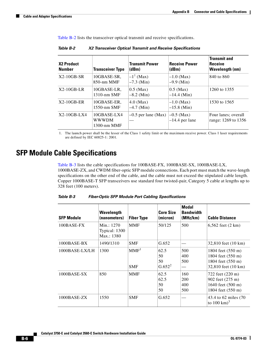 Cisco Systems 3560-E, 3750-E manual SFP Module Cable Specifications, X2 Product Transmit Power Receive Power Number 