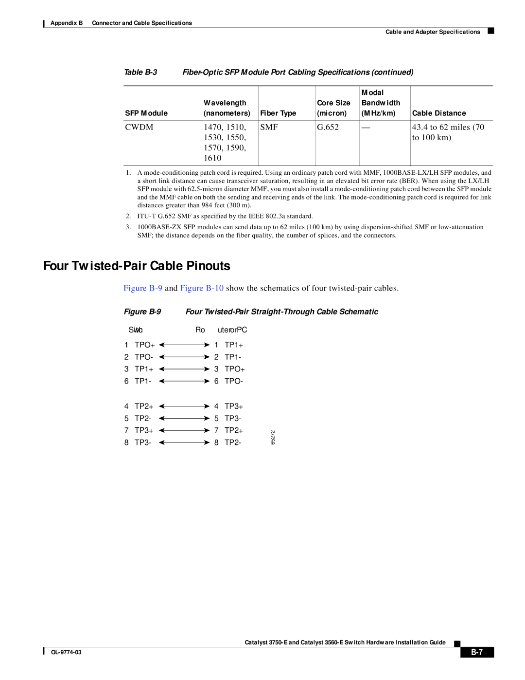 Cisco Systems 3750-E, 3560-E manual Four Twisted-Pair Cable Pinouts, 652 43.4 to 62 miles 1530 To 100 km 1570 1610 