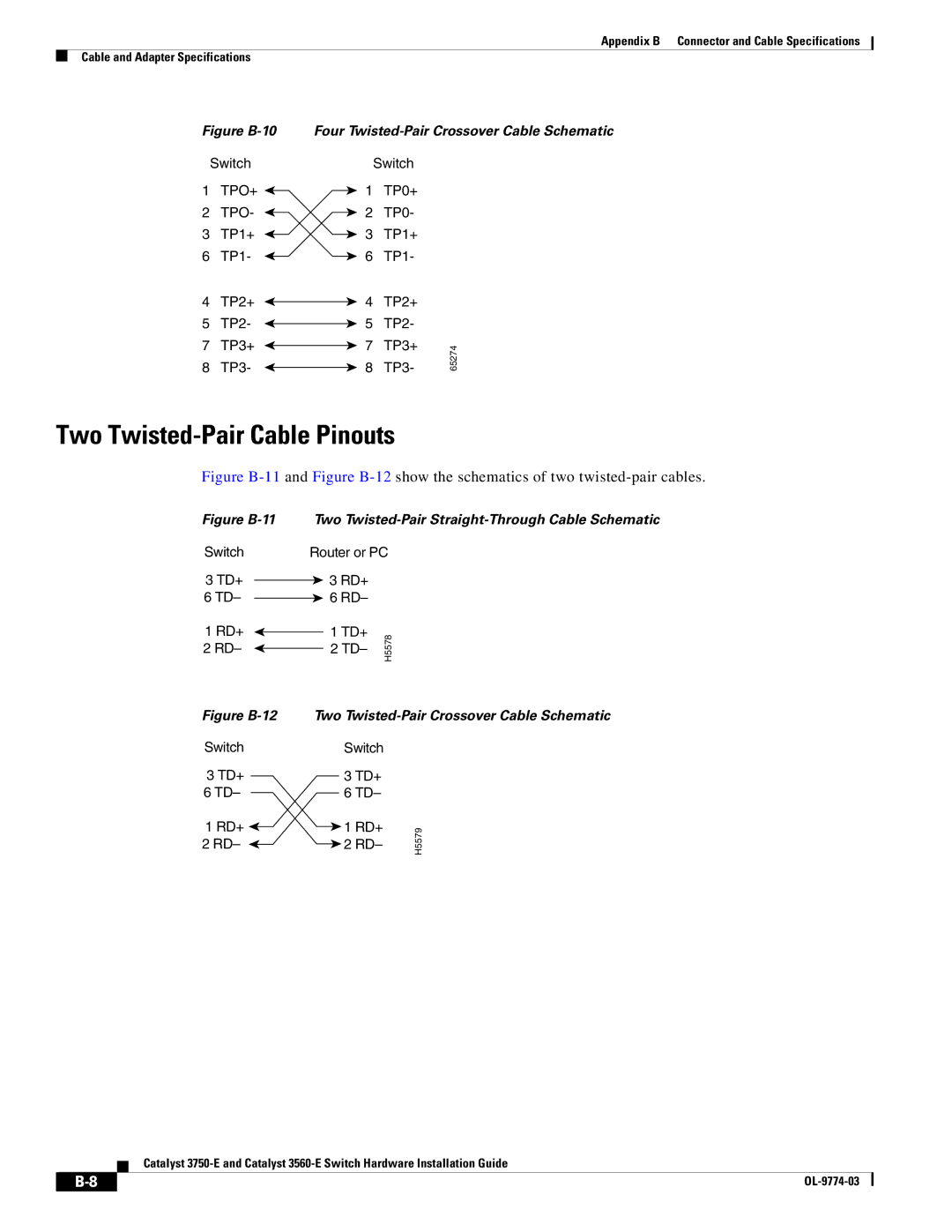 Cisco Systems 3560-E, 3750-E manual Two Twisted-Pair Cable Pinouts, Two Twisted-Pair Crossover Cable Schematic 