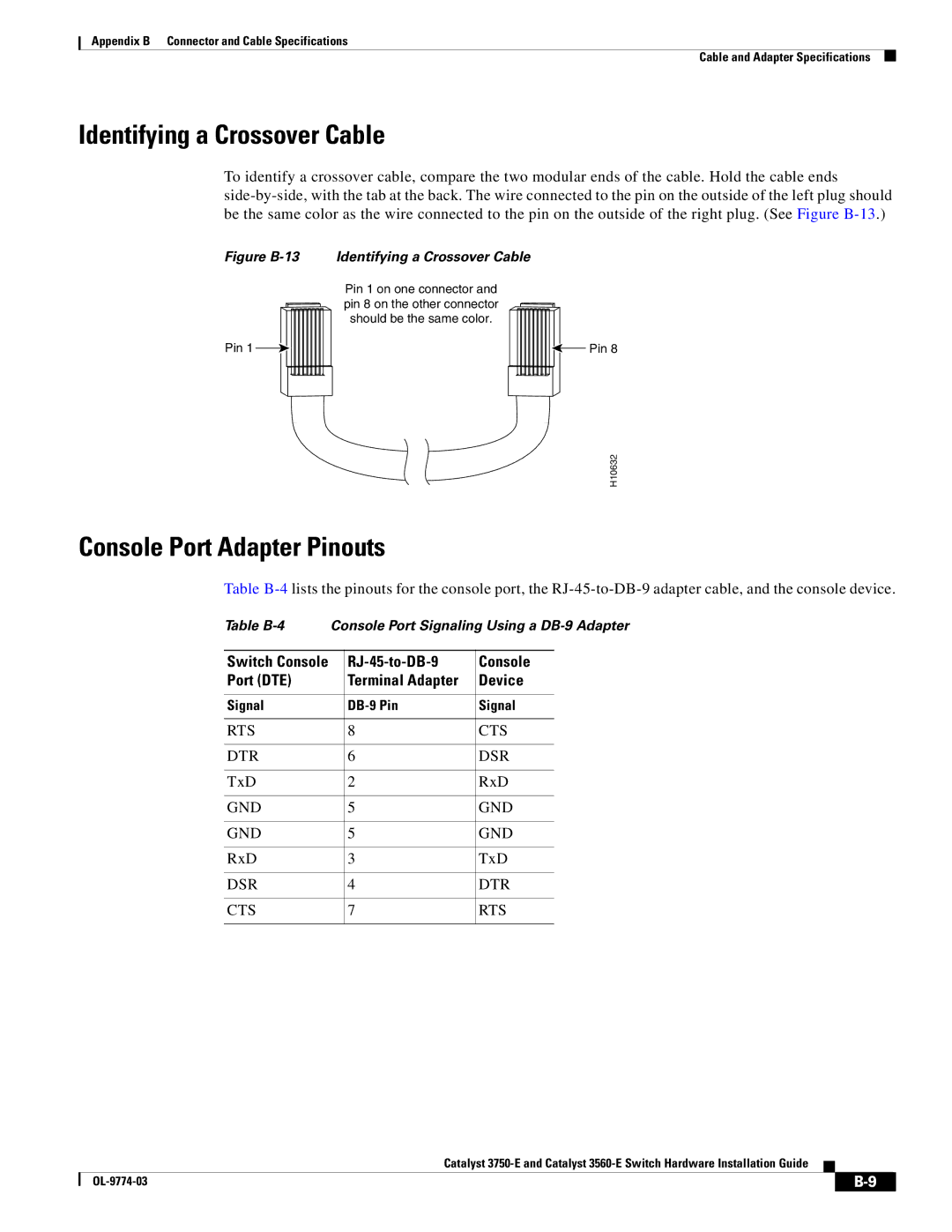 Cisco Systems 3750-E Identifying a Crossover Cable, Console Port Adapter Pinouts, Switch Console RJ-45-to-DB-9 Port DTE 