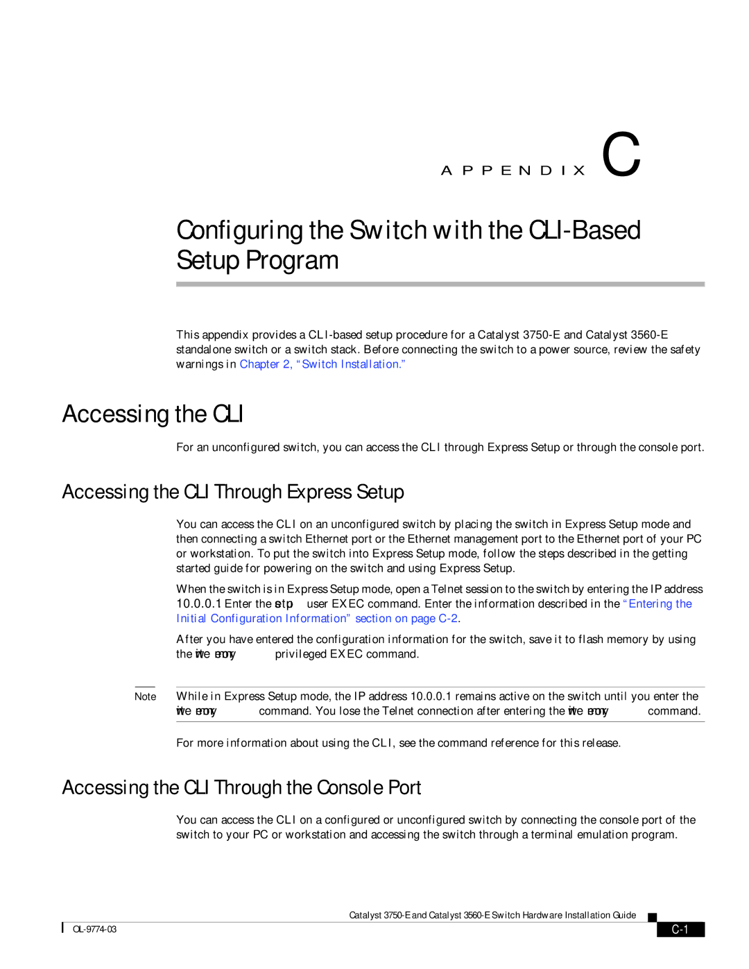 Cisco Systems 3750-E, 3560-E manual Accessing the CLI Through Express Setup, Accessing the CLI Through the Console Port 