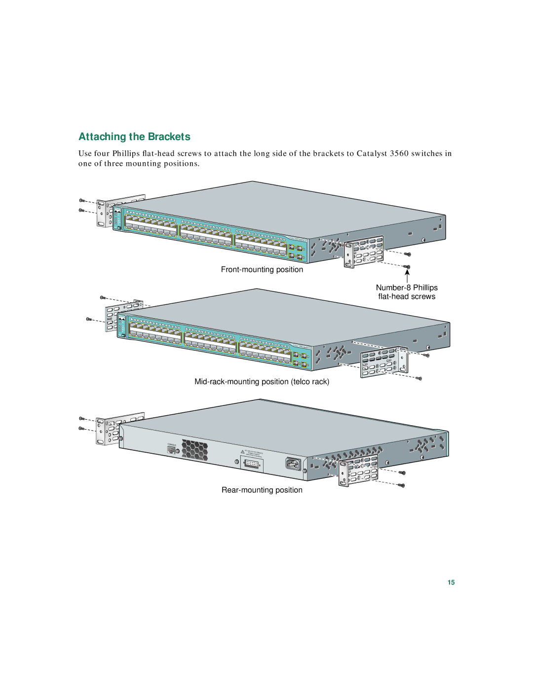 Cisco Systems 3560 warranty Attaching the Brackets 