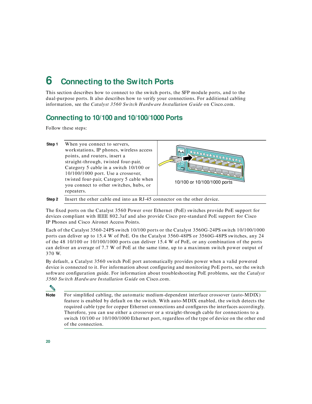 Cisco Systems 3560 warranty Connecting to the Switch Ports, Connecting to 10/100 and 10/100/1000 Ports 