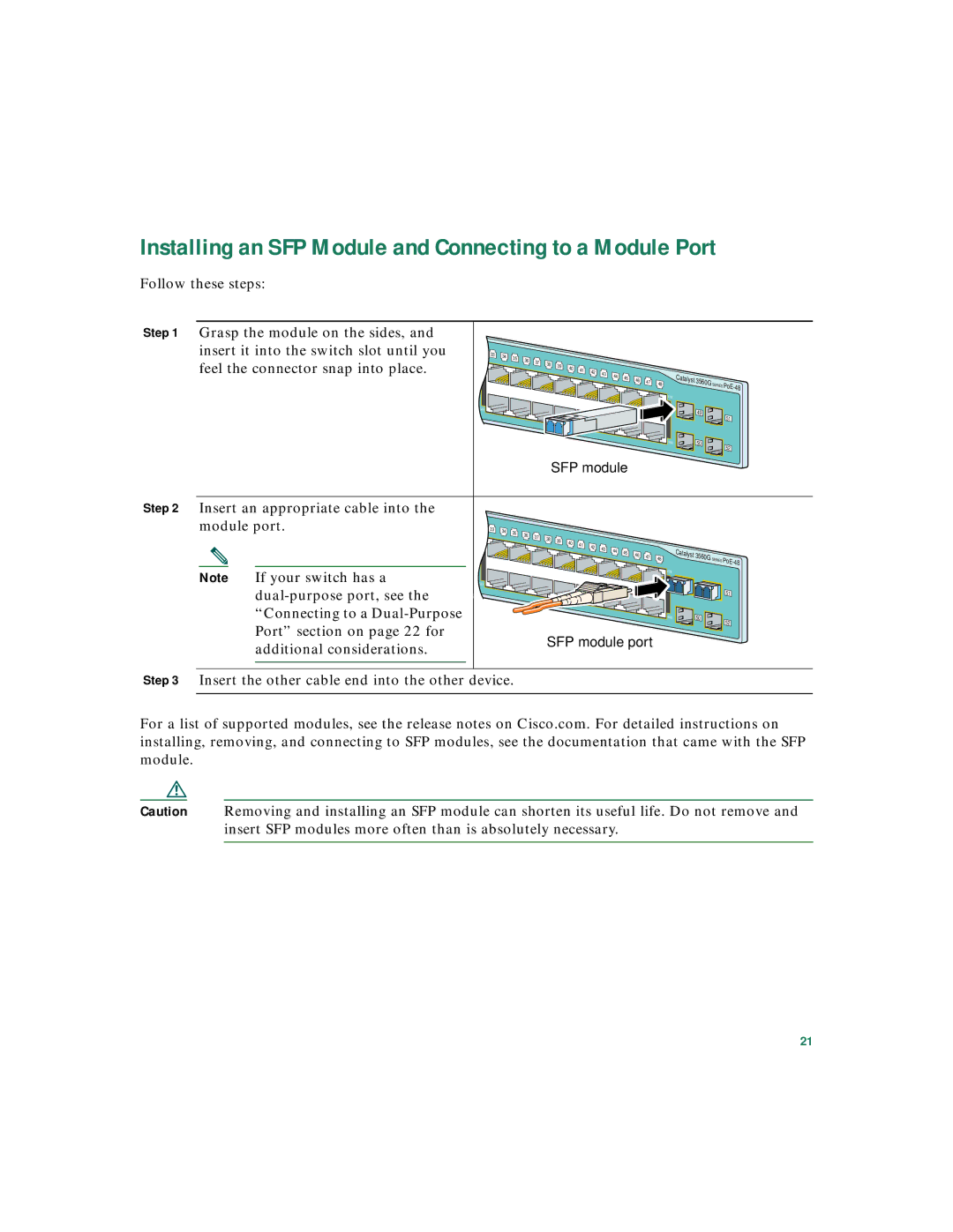 Cisco Systems 3560 warranty Installing an SFP Module and Connecting to a Module Port 