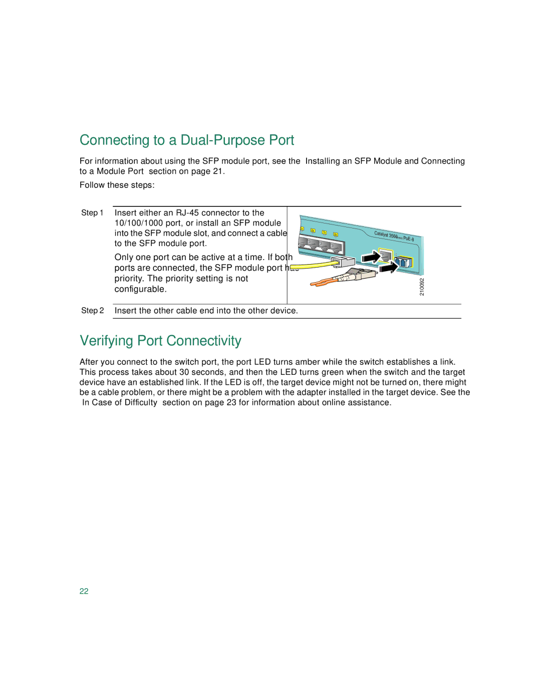 Cisco Systems 3560 warranty Connecting to a Dual-Purpose Port, Verifying Port Connectivity 