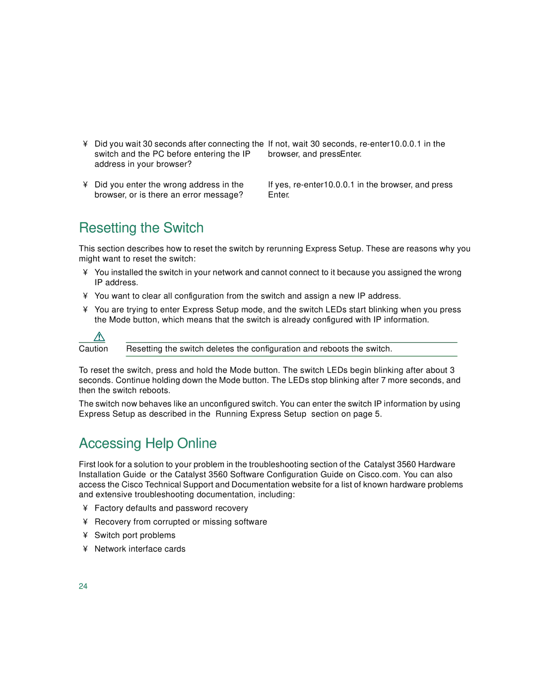 Cisco Systems 3560 warranty Resetting the Switch, Accessing Help Online 