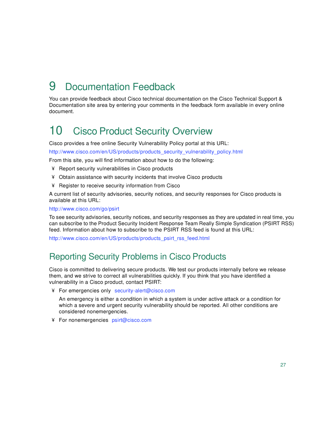 Cisco Systems 3560 Documentation Feedback, Cisco Product Security Overview, Reporting Security Problems in Cisco Products 