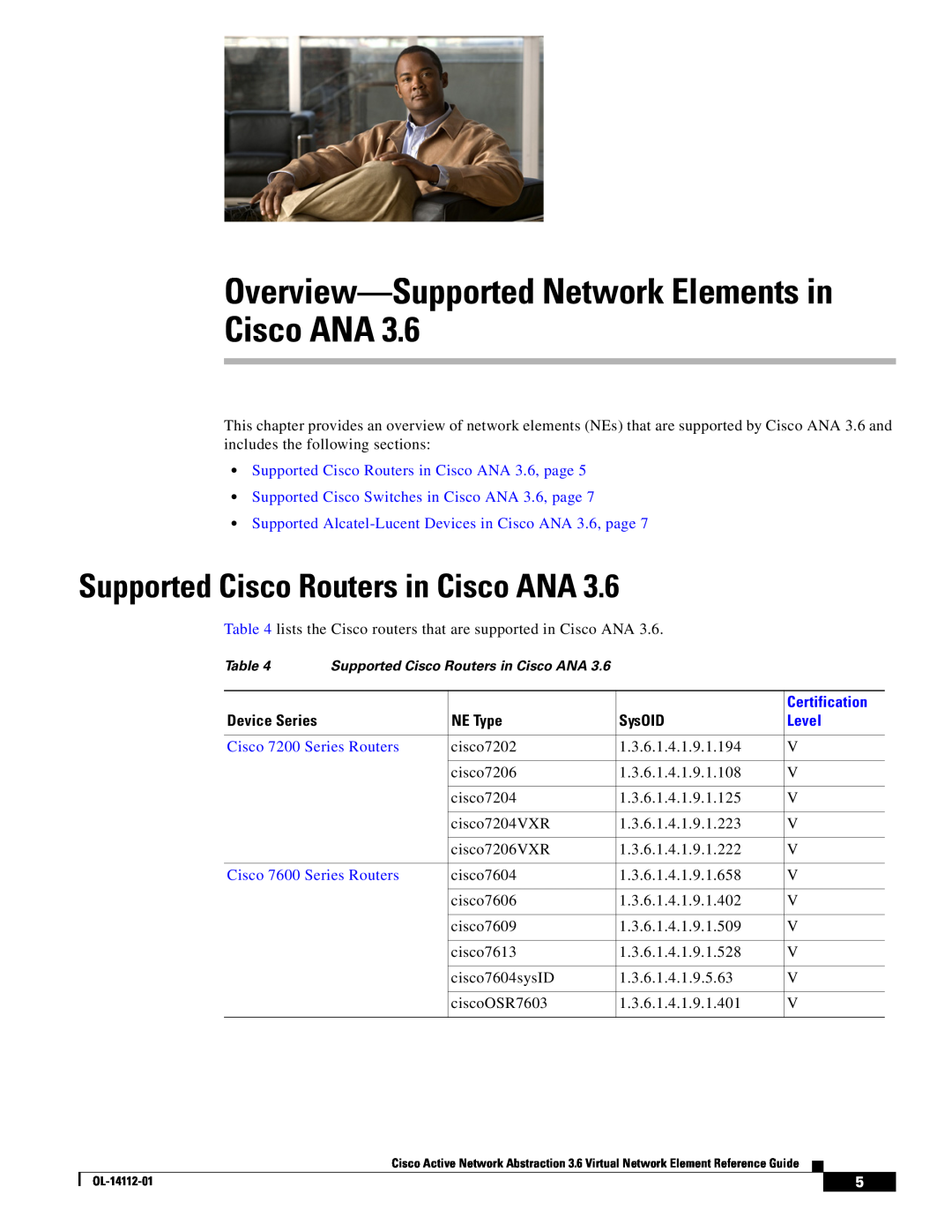 Cisco Systems manual Supported Cisco Routers in Cisco ANA 3.6, page, Certification, Device Series, NE Type, SysOID 