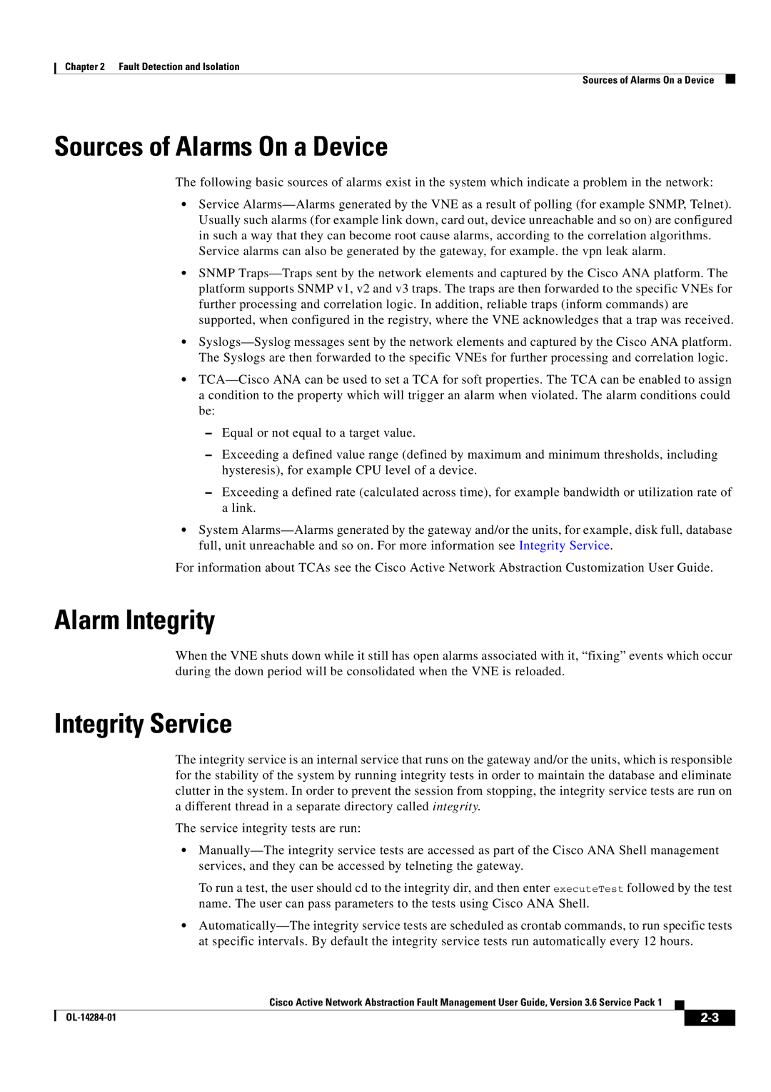 Cisco Systems 3.6 specifications Sources of Alarms On a Device, Alarm Integrity, Integrity Service 