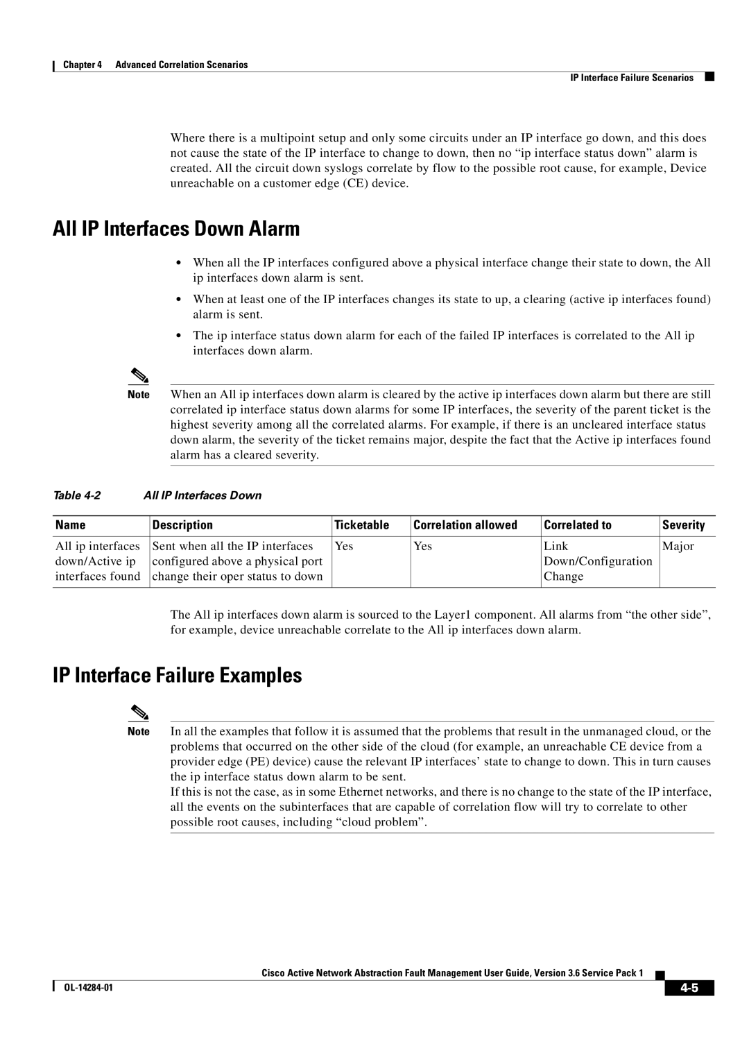 Cisco Systems 3.6 specifications All IP Interfaces Down Alarm, IP Interface Failure Examples 