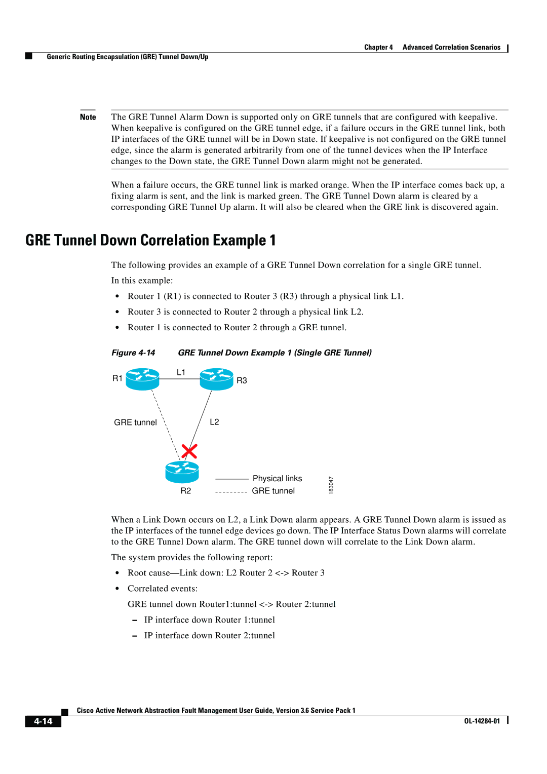 Cisco Systems 3.6 specifications GRE Tunnel Down Correlation Example, GRE Tunnel Down Example 1 Single GRE Tunnel 