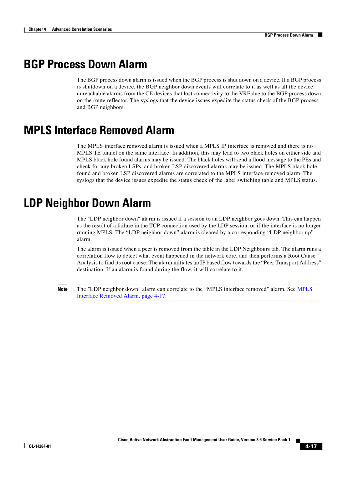 Cisco Systems 3.6 specifications BGP Process Down Alarm, Mpls Interface Removed Alarm, LDP Neighbor Down Alarm 