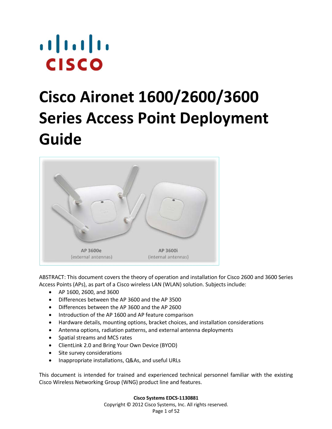 Cisco Systems AIRCAP1602EAK9, 3602i, AP2600, AP3600, AP1600, AIRCAP3602IAK9RF manual Cisco Systems EDCS‐1130881 