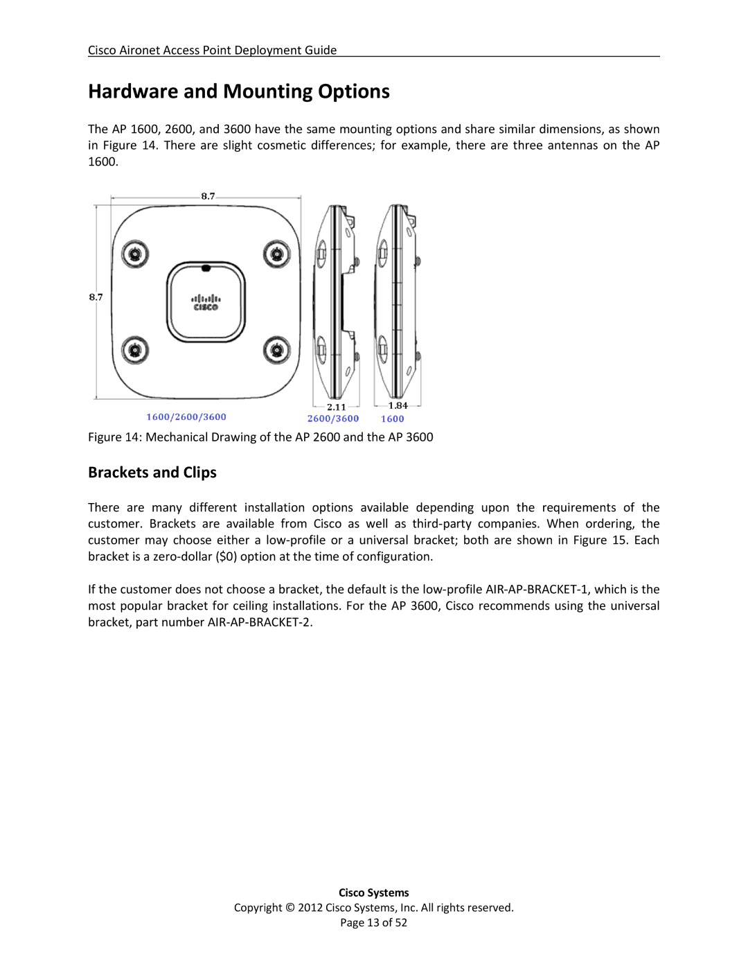 Cisco Systems 3602i, AIRCAP1602EAK9, AP2600, AP3600, AP1600 manual Hardware and Mounting Options, Brackets and Clips 