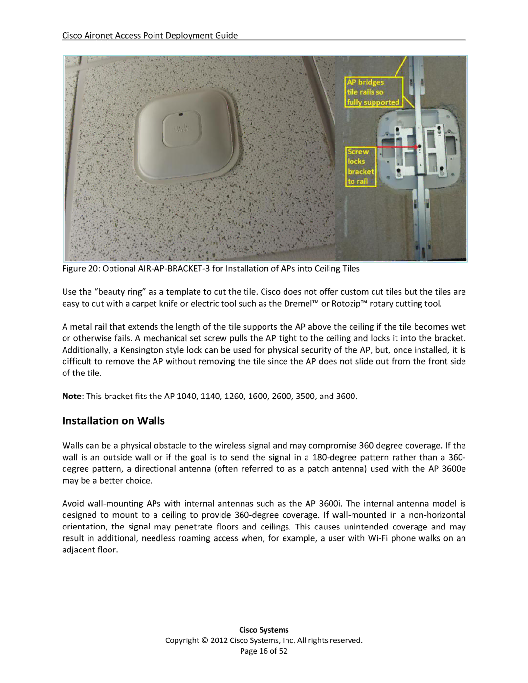 Cisco Systems AP1600, AIRCAP1602EAK9, 3602i, AP2600, AP3600, AIRCAP3602IAK9RF manual Installation on Walls 