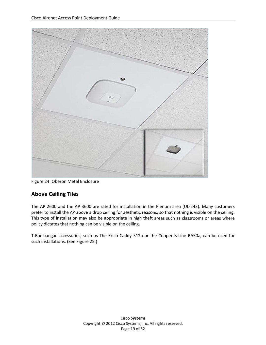 Cisco Systems AIRCAP1602EAK9, 3602i, AP2600, AP3600, AP1600 manual Above Ceiling Tiles, Oberon Metal Enclosure 