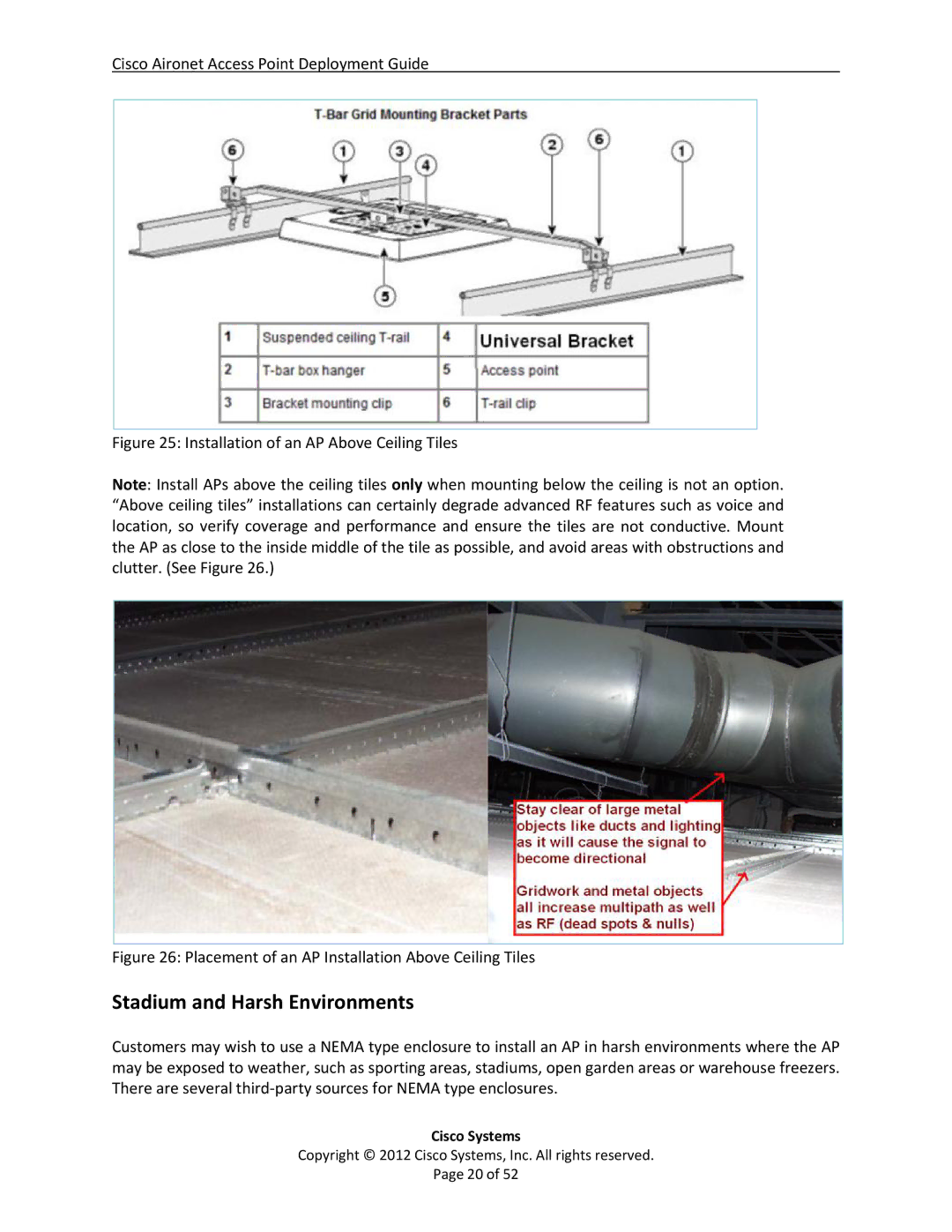 Cisco Systems 3600, 2600, AIRCAP1602EAK9, 3602i Stadium and Harsh Environments, Installation of an AP Above Ceiling Tiles 