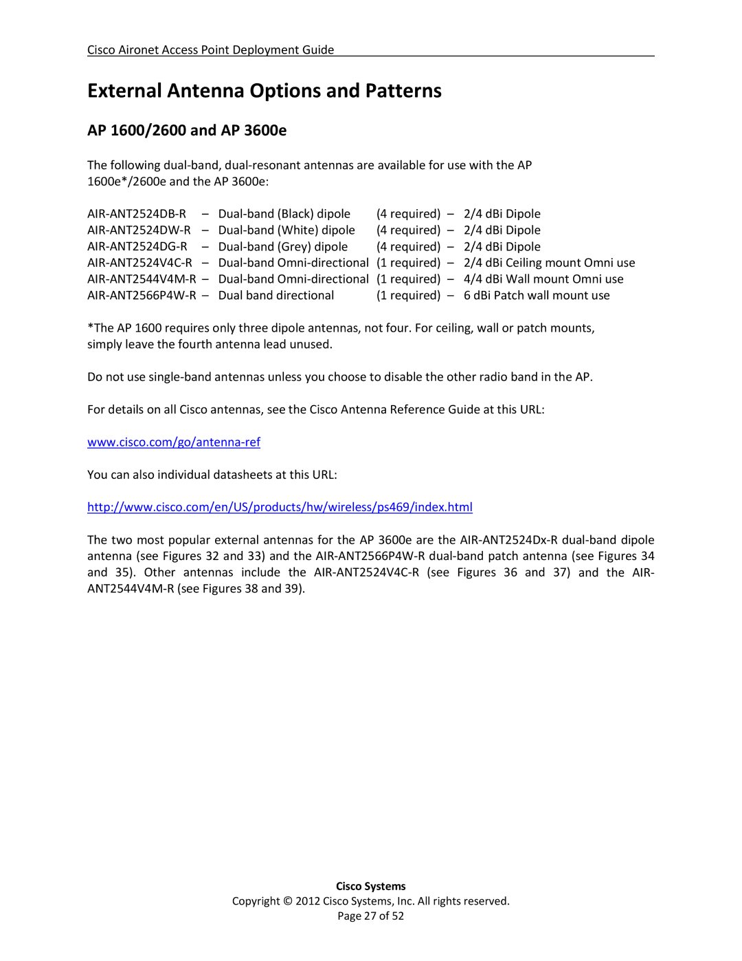 Cisco Systems AIRCAP3602IAK9RF, AIRCAP1602EAK9, 3602i manual External Antenna Options and Patterns, AP 1600/2600 and AP 3600e 