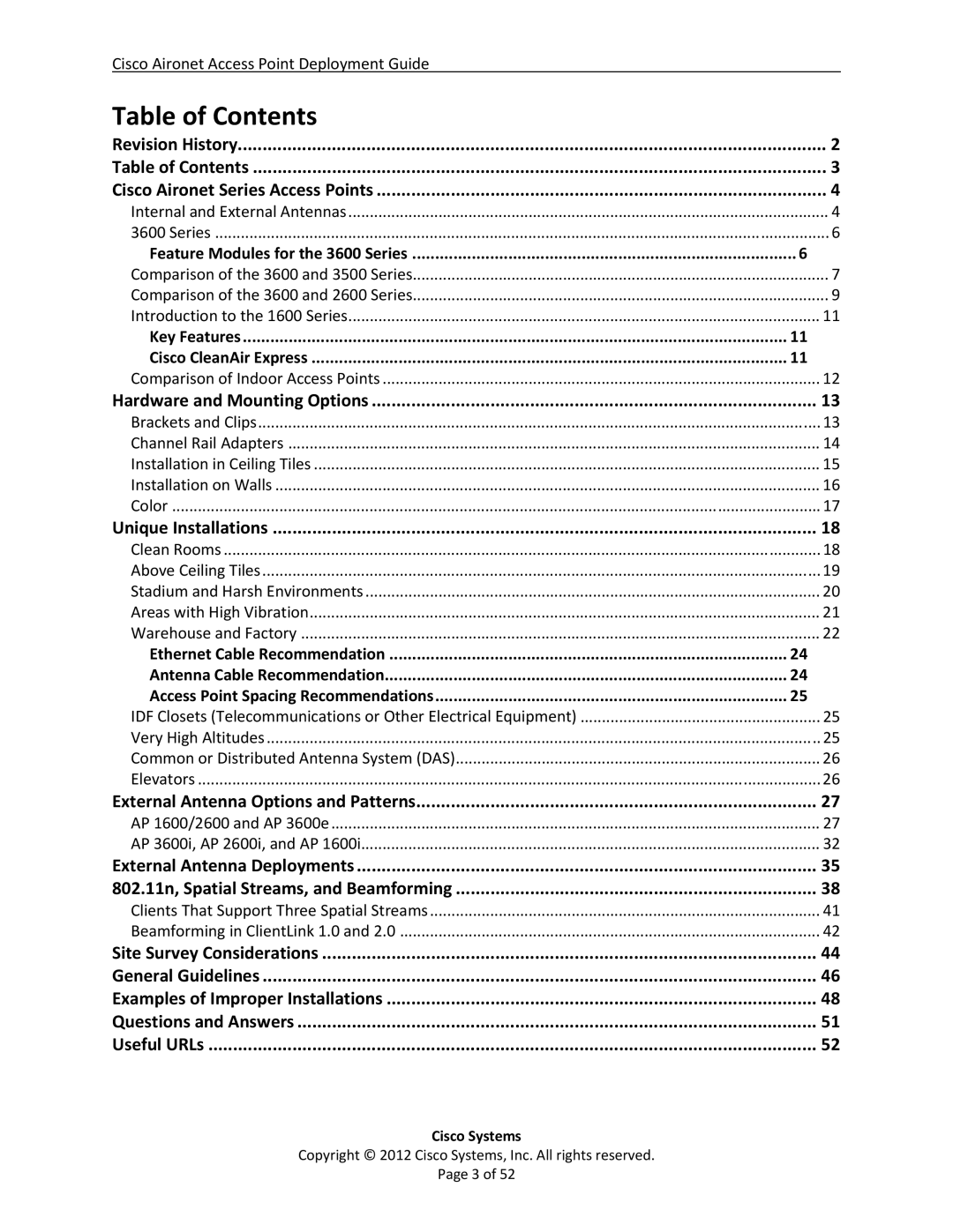 Cisco Systems 3602i, AIRCAP1602EAK9, AP2600, AP3600, AP1600, AIRCAP3602IAK9RF manual Table of Contents 