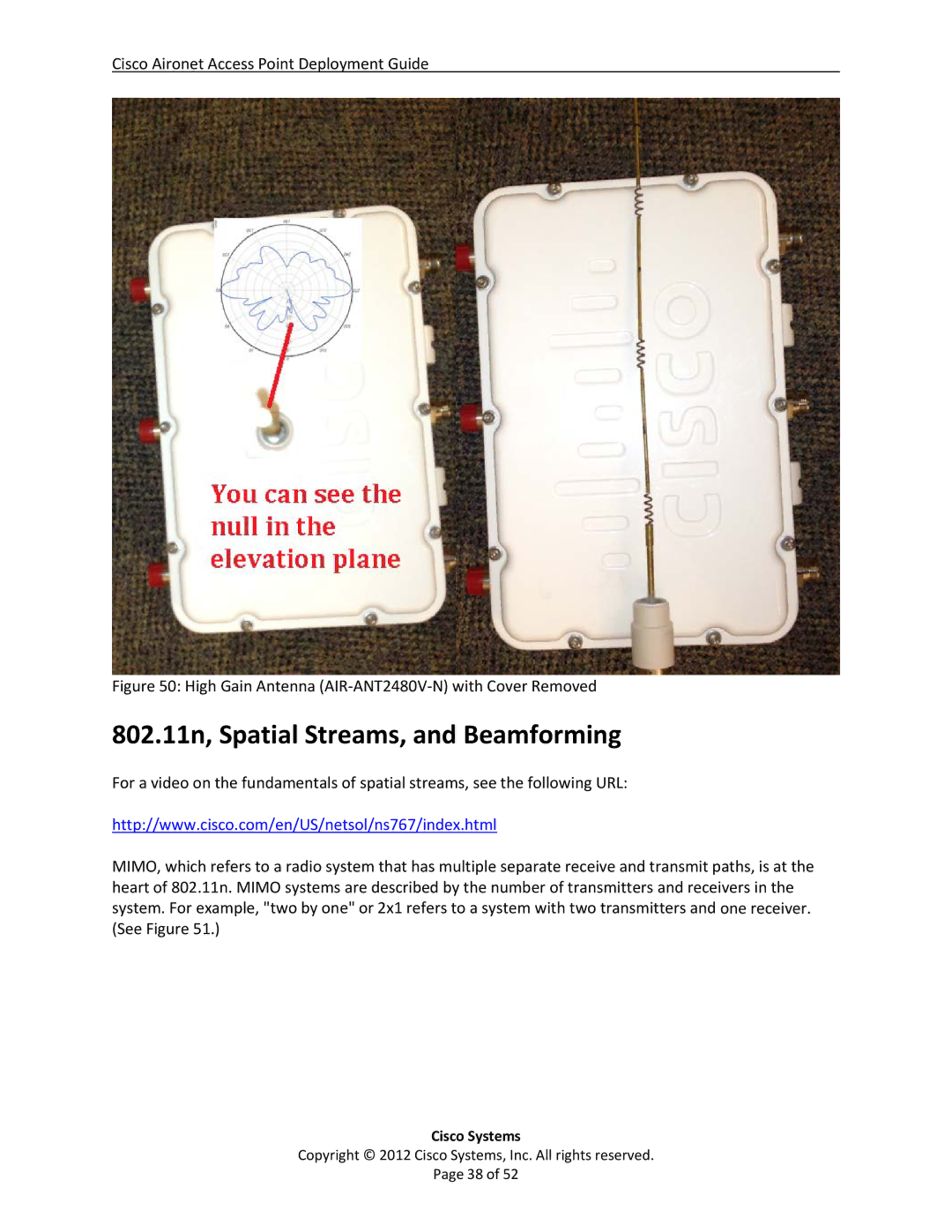 Cisco Systems 1602E, 3600 802.11n, Spatial Streams, and Beamforming, High Gain Antenna AIR‐ANT2480V‐N with Cover Removed 