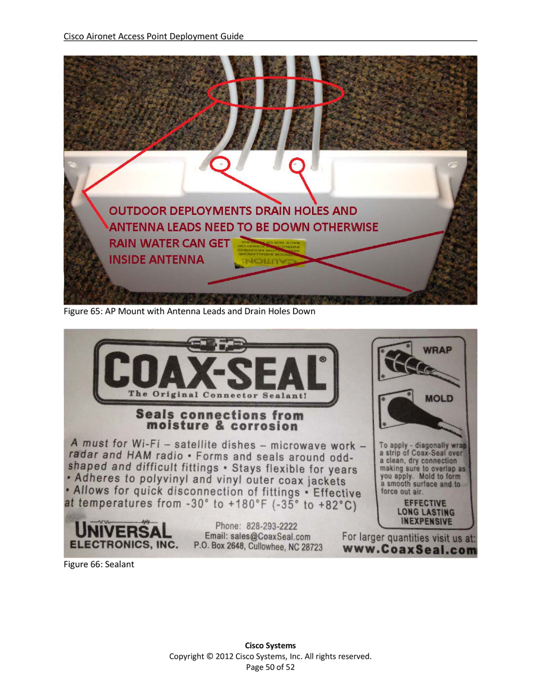 Cisco Systems AIRCAP1602EAK9, 3602i, AP2600, AP3600, AP1600 manual AP Mount with Antenna Leads and Drain Holes Down 