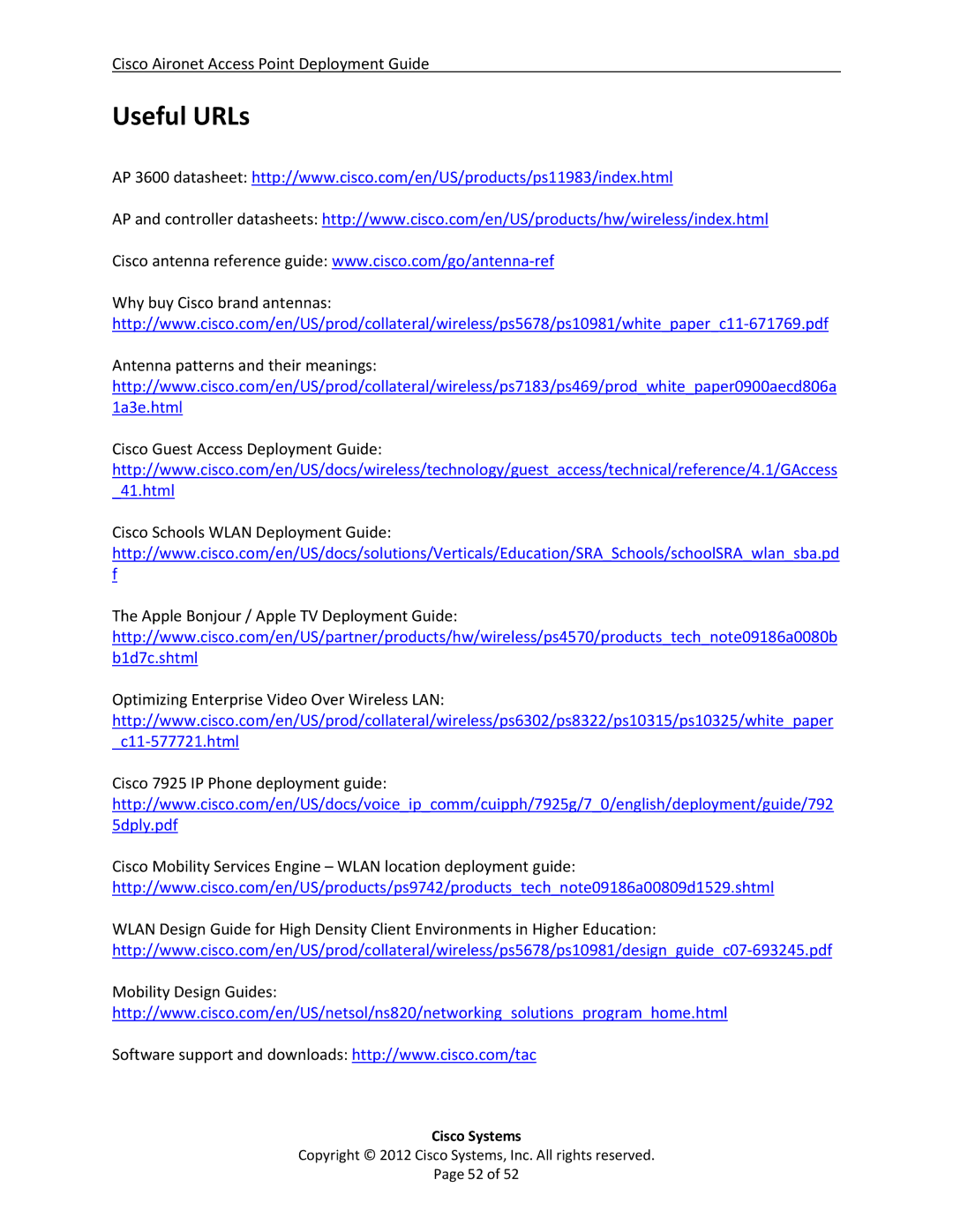 Cisco Systems AIRCAP1602EAK9, 3602i, AP2600, AP3600, AP1600, AIRCAP3602IAK9RF manual Useful URLs 