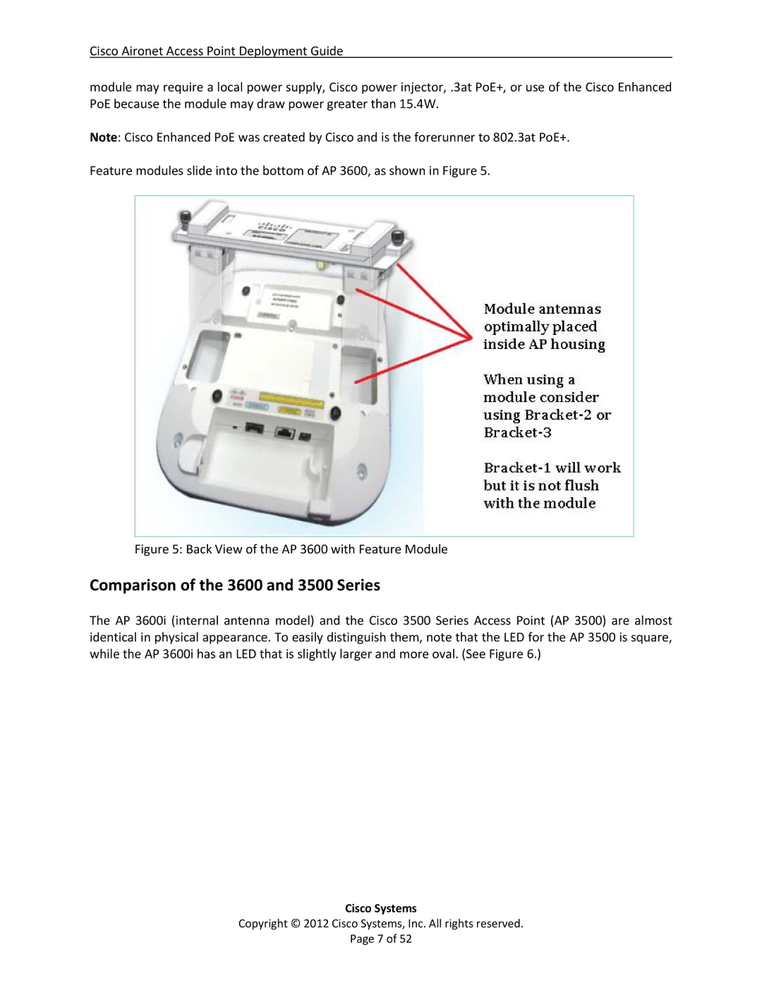 Cisco Systems AIRCAP3602IAK9RF, 2600 Comparison of the 3600 and 3500 Series, Back View of the AP 3600 with Feature Module 