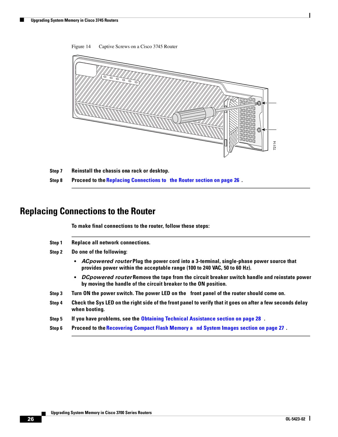 Cisco Systems 3745 Series, 3600 Series, 3725 Series manual Reinstall the chassis on a rack or desktop 