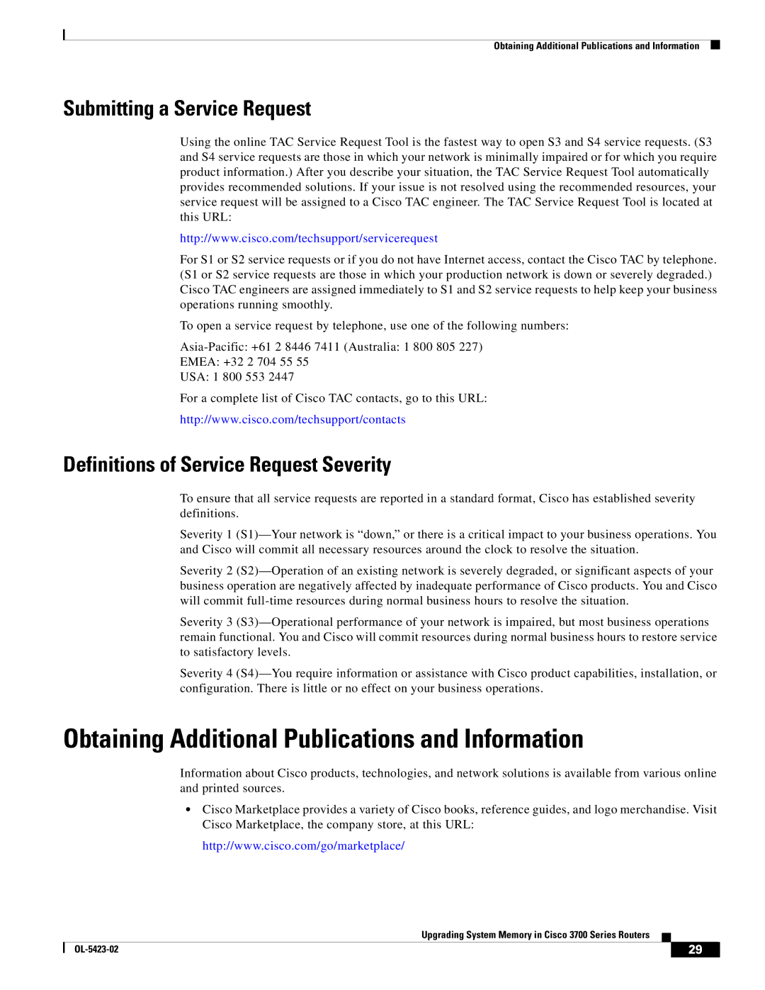 Cisco Systems 3745 Series, 3600 Series Obtaining Additional Publications and Information, Submitting a Service Request 