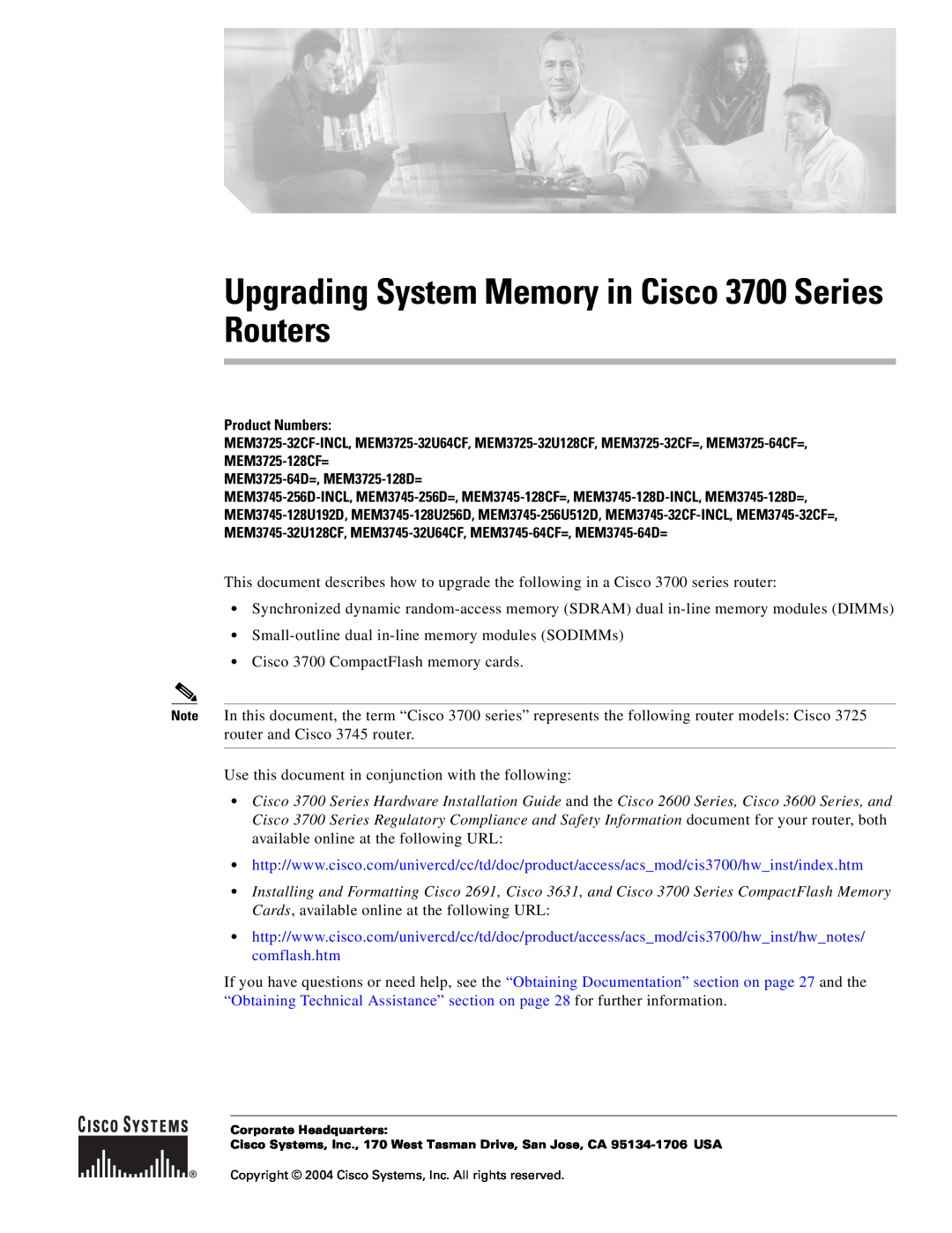 Cisco Systems 3725 Series, 3600 Series, 3745 Series manual Product Numbers, MEM3725-64D=, MEM3725-128D= 