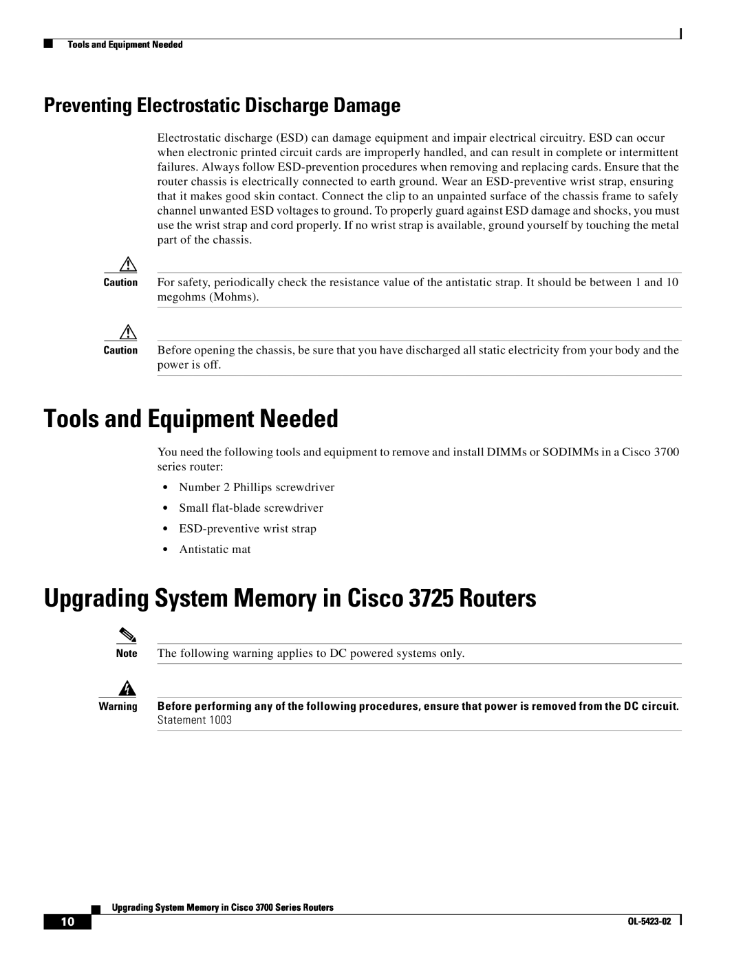 Cisco Systems 3725 Series, 3600 Series manual Tools and Equipment Needed, Upgrading System Memory in Cisco 3725 Routers 