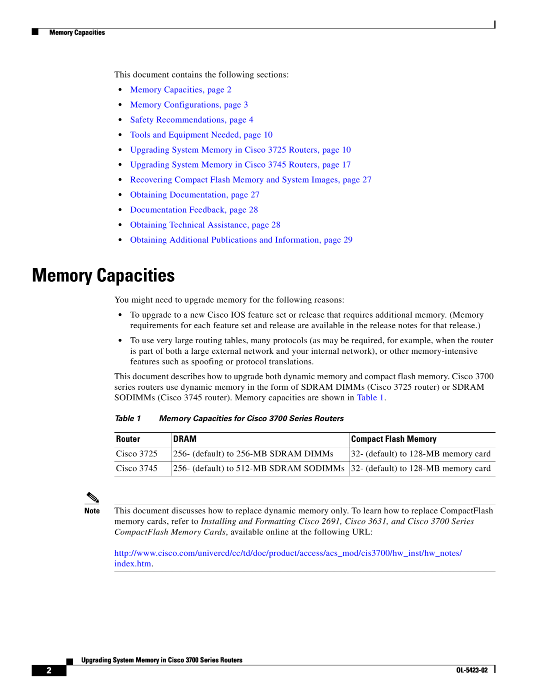 Cisco Systems 3745 Series Memory Capacities, page Memory Configurations, page, Obtaining Technical Assistance, page 