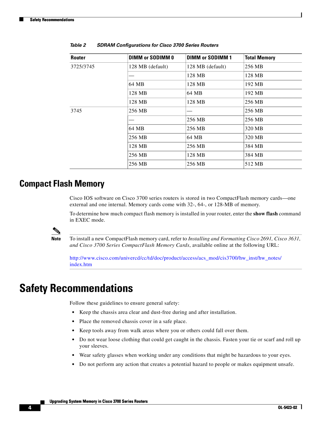 Cisco Systems 3725 Series, 3600 Series Safety Recommendations, Compact Flash Memory, DIMM or SODIMM, Total Memory, Router 