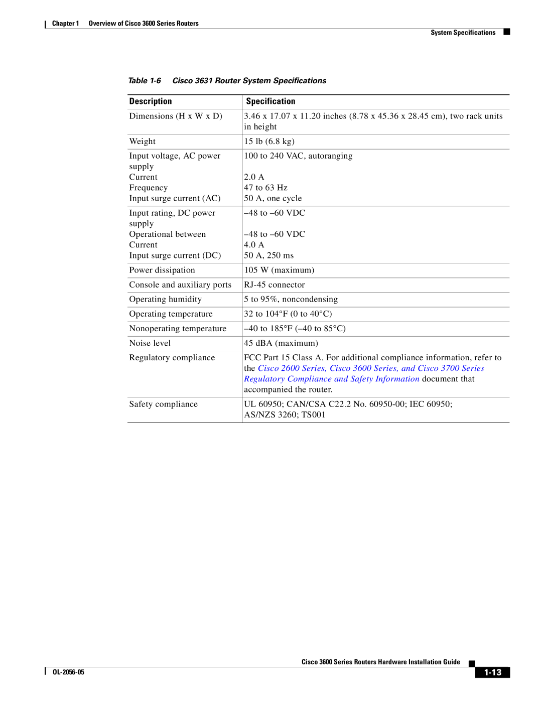 Cisco Systems 3600 specifications Cisco 3631 Router System Specifications 