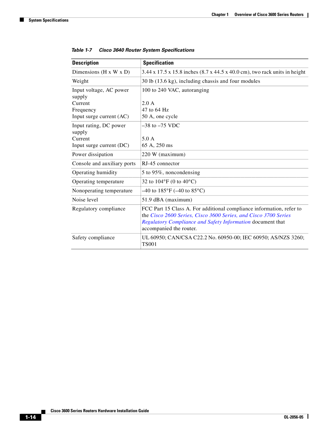 Cisco Systems 3600 specifications Cisco 3640 Router System Specifications 