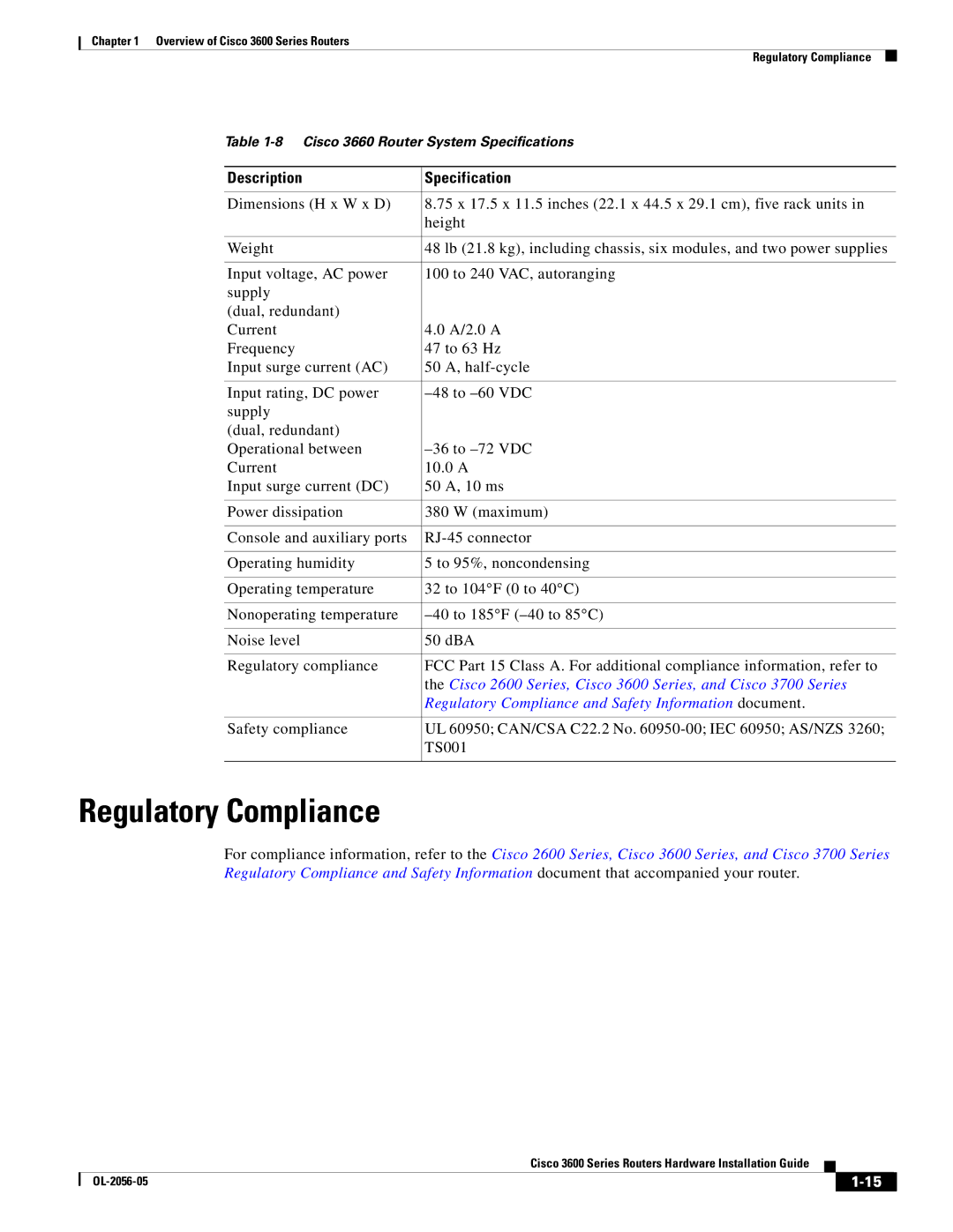 Cisco Systems 3600 specifications Regulatory Compliance 