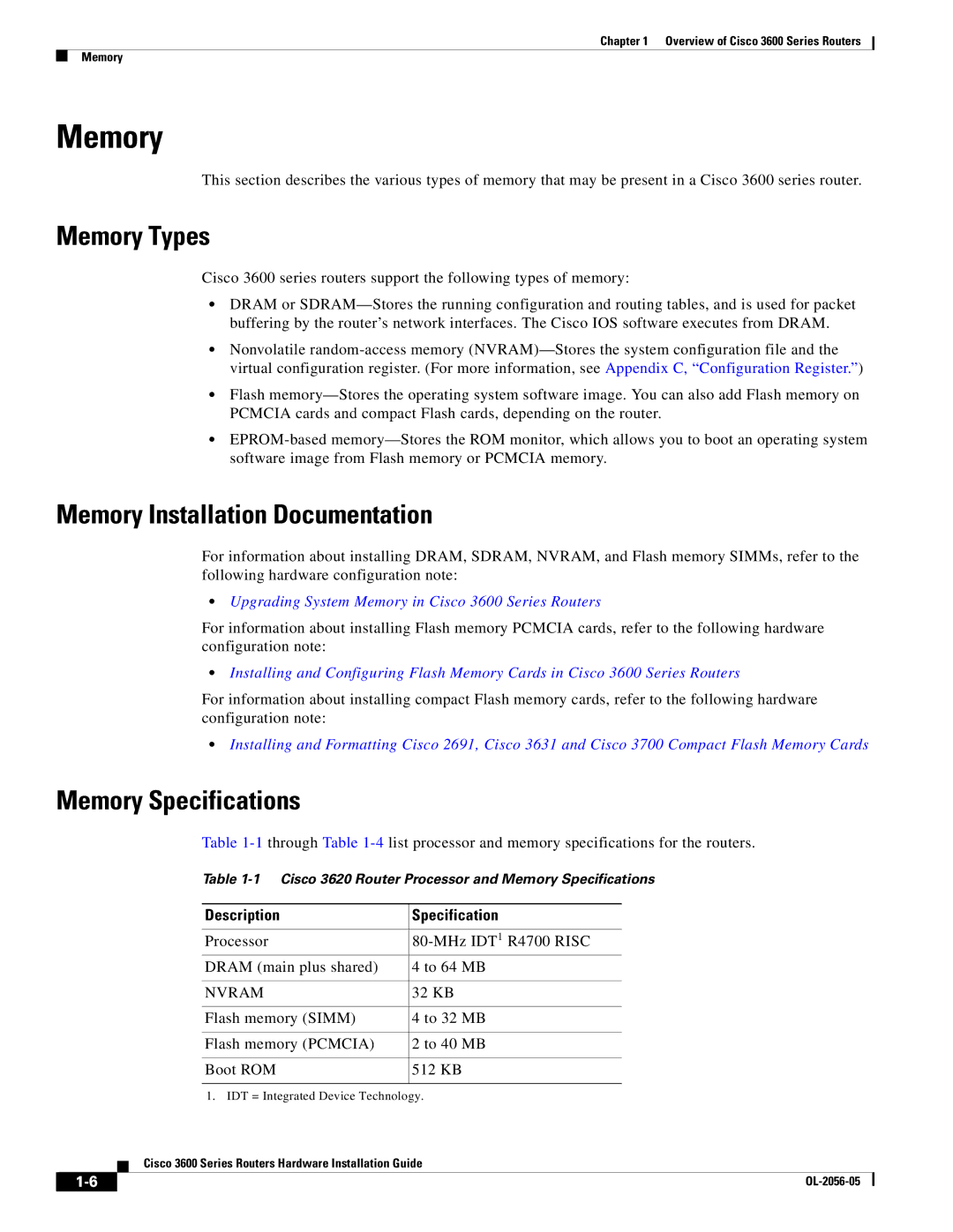 Cisco Systems 3600 specifications Memory Types, Memory Installation Documentation, Memory Specifications 