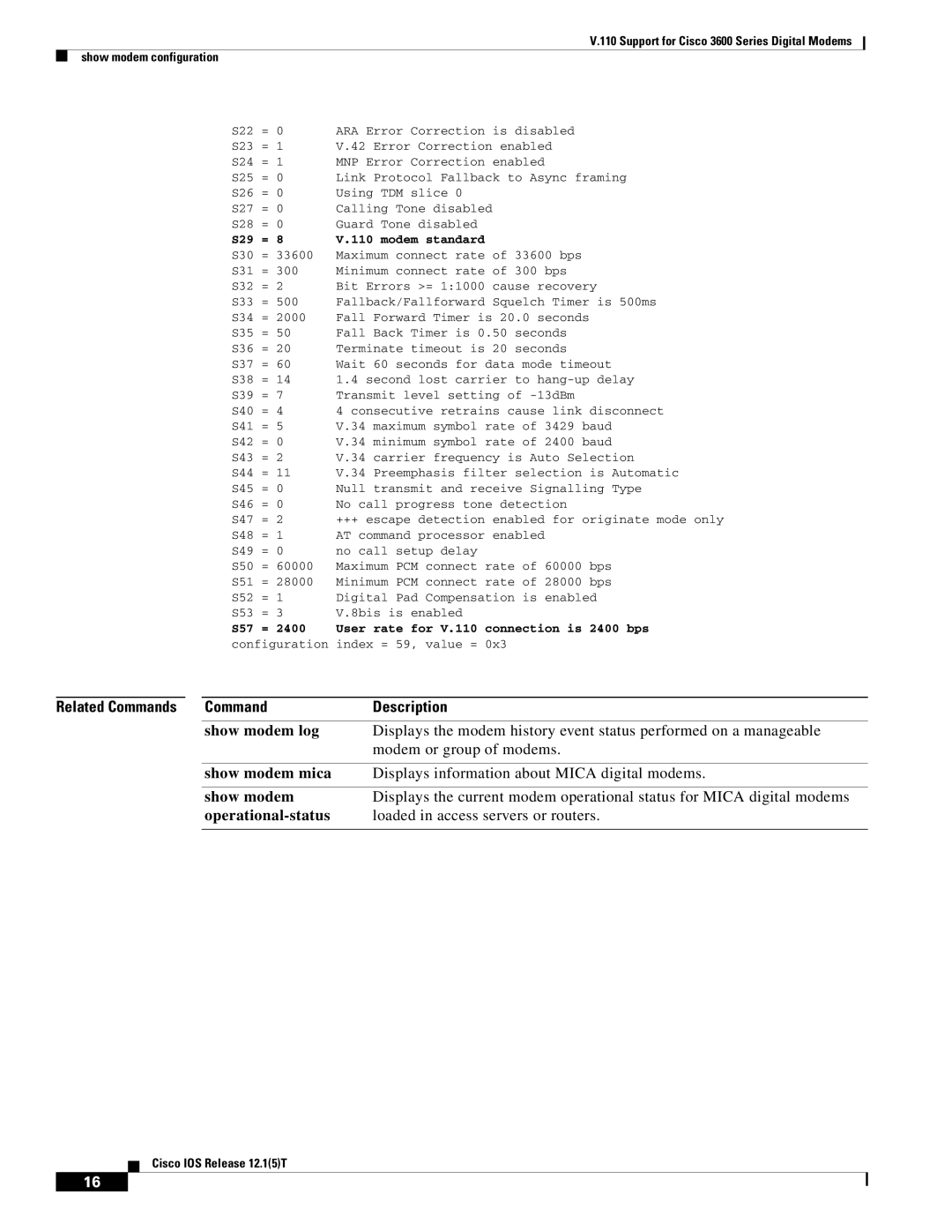 Cisco Systems 3600 manual Show modem, S29 Modem standard, S57 User rate for V.110 connection is 2400 bps 