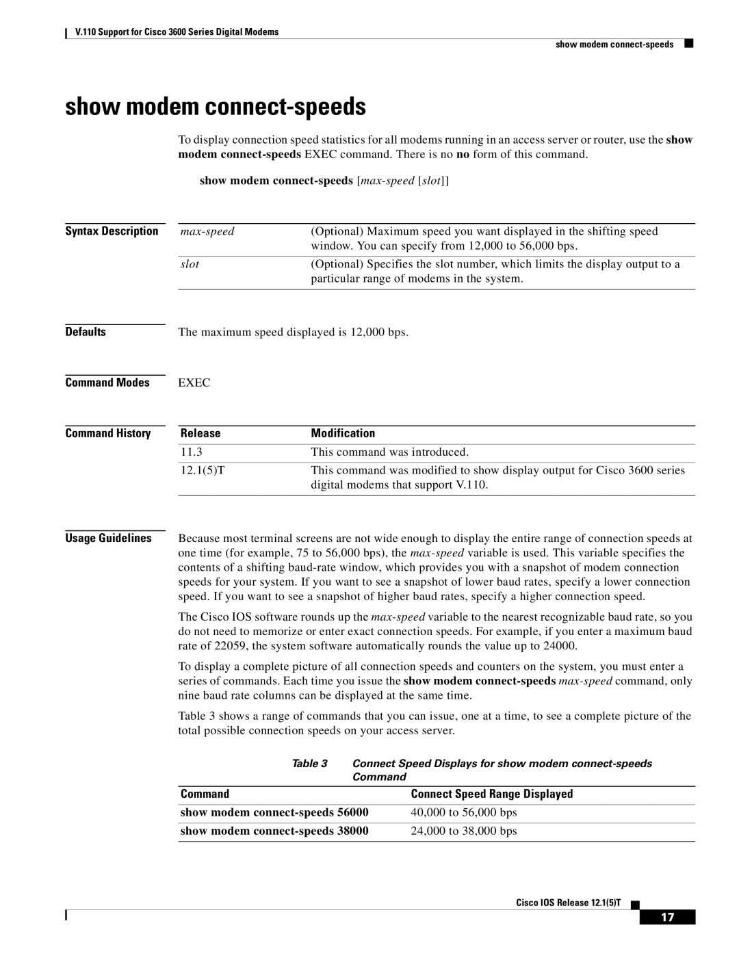 Cisco Systems 3600 manual Show modem connect-speeds max-speedslot, Command Connect Speed Range Displayed 