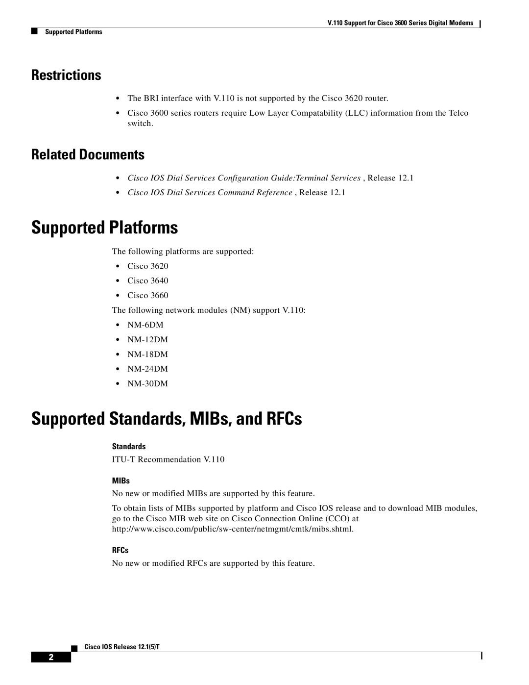 Cisco Systems 3600 manual Supported Platforms, Supported Standards, MIBs, and RFCs 