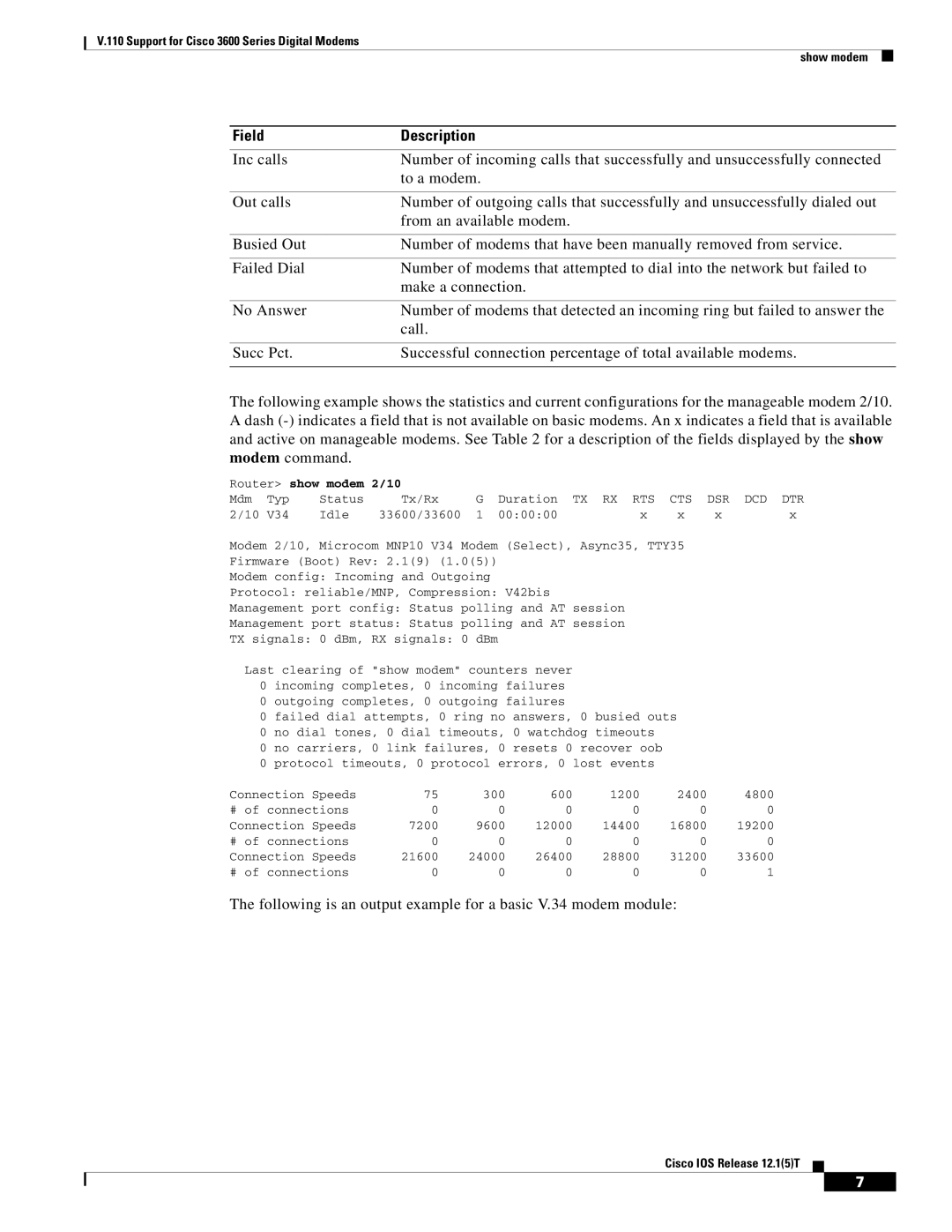 Cisco Systems 3600 manual Router show modem 2/10, Dcd Dtr 