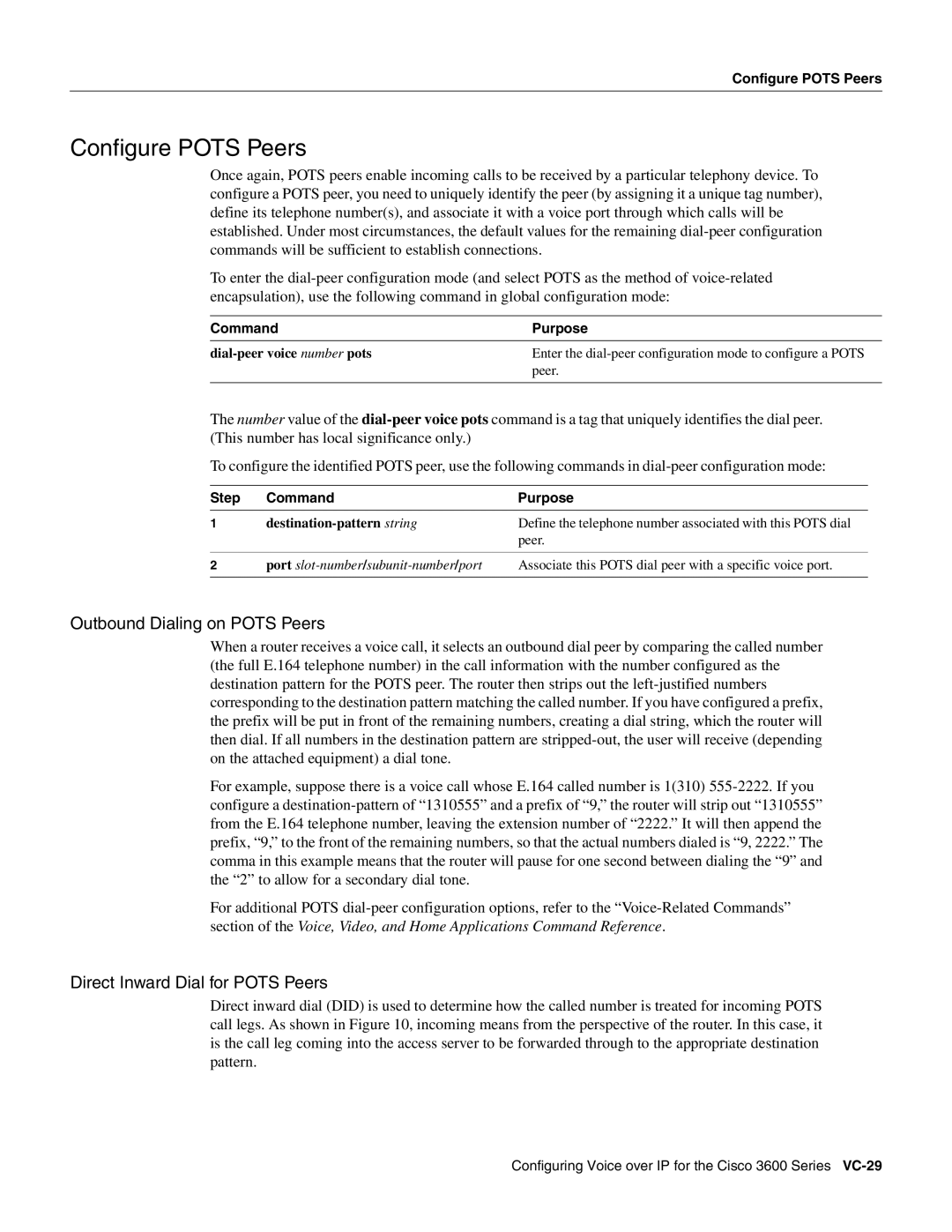 Cisco Systems 3600 manual Configure Pots Peers, Outbound Dialing on Pots Peers, Direct Inward Dial for Pots Peers 