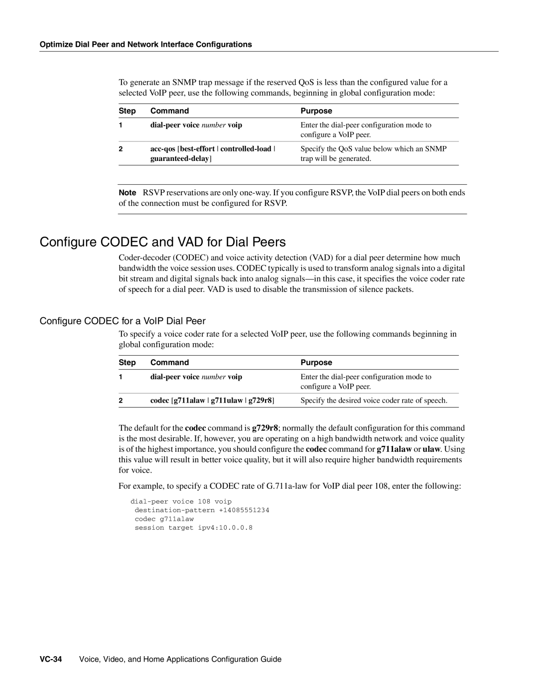 Cisco Systems 3600 manual Configure Codec and VAD for Dial Peers, Configure Codec for a VoIP Dial Peer 