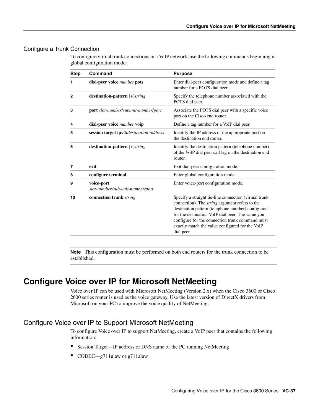 Cisco Systems 3600 manual Configure Voice over IP for Microsoft NetMeeting, Configure a Trunk Connection 